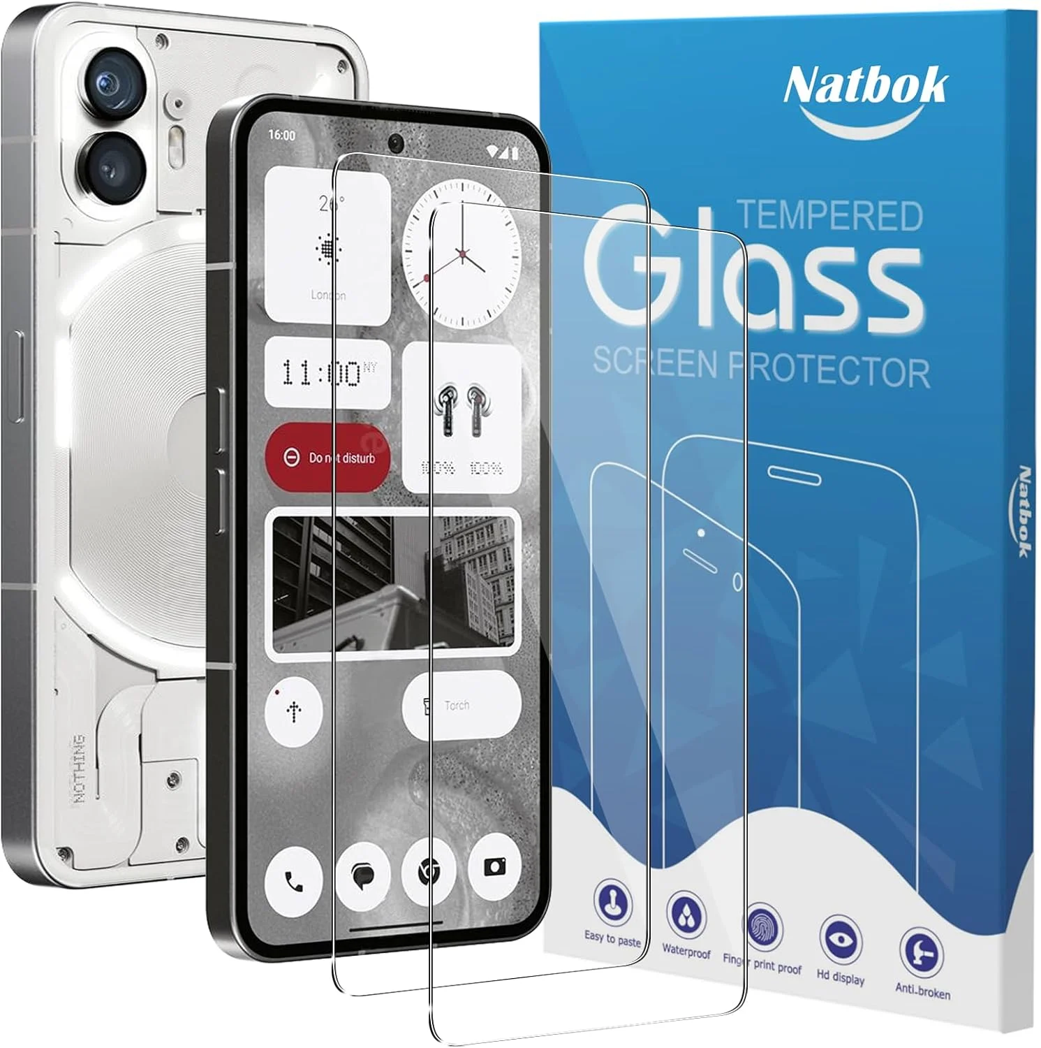 Natbok [2 x Tempered Glass for Nothing Phone 2, Bubble-Free] [Anti-Scratch] Screen Protectors for Nothing Phone 2, HD Transparent Glass, Easy to Install