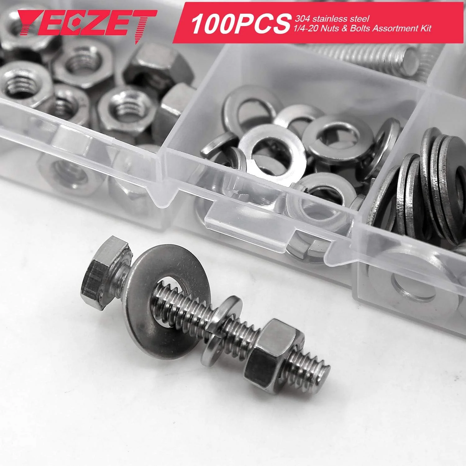 YEEZET 100 عددی پیچ و مهره سر شش گوش استیل ضد زنگ 1/4-20x1"، 1-1/2"، 2"، 2-1/2"، 3" به همراه واشرهای تخت و قفلی، کیت متنوع، استیل ضد زنگ 304 18-8، رزوه کاری کامل، پرداخت براق YEEZET 100 عددی پیچ و مهره سر شش گوش استیل ضد زنگ 1/4-20x1"، 1-1/2"، 2"، 2-1/2"، 3" به همراه واشرهای تخت و قفلی، کیت متنوع، استیل ضد زنگ 304 18-8، رزوه کاری کامل، پرداخت براق