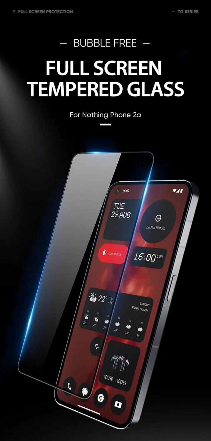 محافظ صفحه نمایش شیشه ای حرارت دیده 10D داکس دوکیس، طراحی شده برای ناتینگ فون 2a/2a پلاس، شیشه آلومینیوم-سیلیکون 0.33 میلی متری ضد جاسوسی - مشکی (تک عددی)