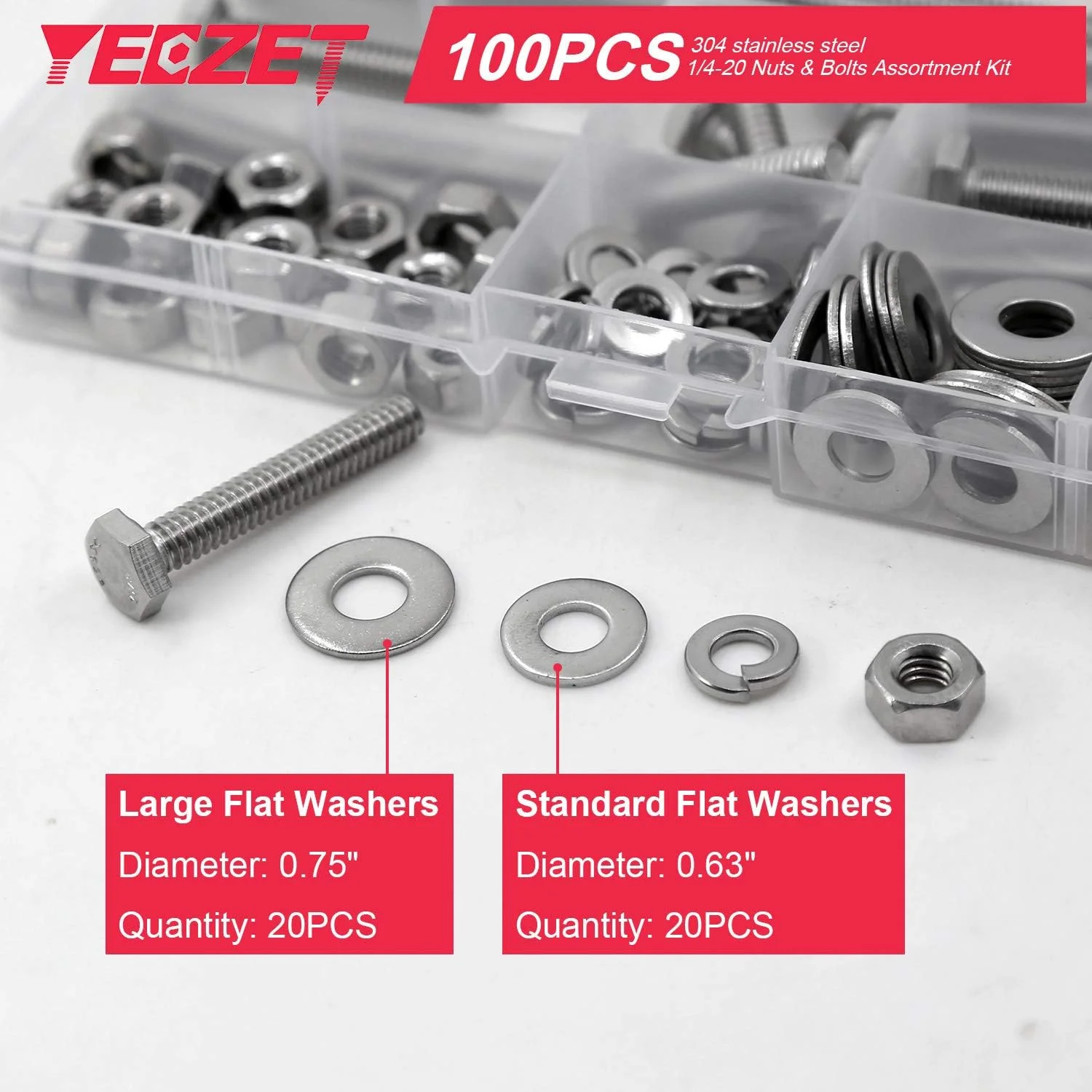 YEEZET 100 عددی پیچ و مهره سر شش گوش استیل ضد زنگ 1/4-20x1"، 1-1/2"، 2"، 2-1/2"، 3" به همراه واشرهای تخت و قفلی، کیت متنوع، استیل ضد زنگ 304 18-8، رزوه کاری کامل، پرداخت براق YEEZET 100 عددی پیچ و مهره سر شش گوش استیل ضد زنگ 1/4-20x1"، 1-1/2"، 2"، 2-1/2"، 3" به همراه واشرهای تخت و قفلی، کیت متنوع، استیل ضد زنگ 304 18-8، رزوه کاری کامل، پرداخت براق