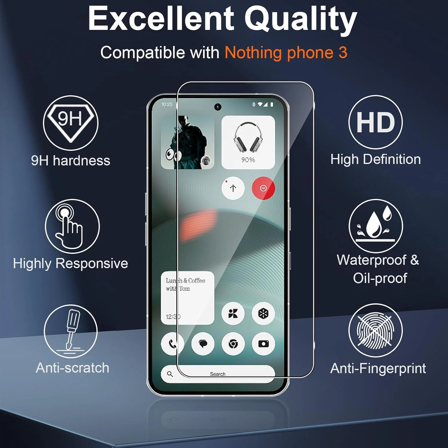 محافظ صفحه نمایش شیشه ای حرارت دیده Vanrain برای Nothing Phone 3، بسته 2 عددی، سختی 9H، وضوح HD، ضد خش