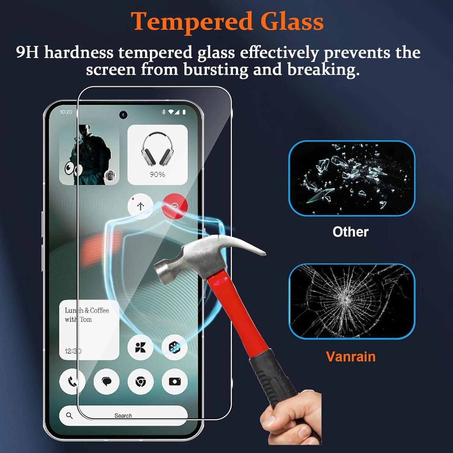 محافظ صفحه نمایش شیشه ای حرارت دیده Vanrain برای Nothing Phone 3، بسته 2 عددی، سختی 9H، وضوح HD، ضد خش