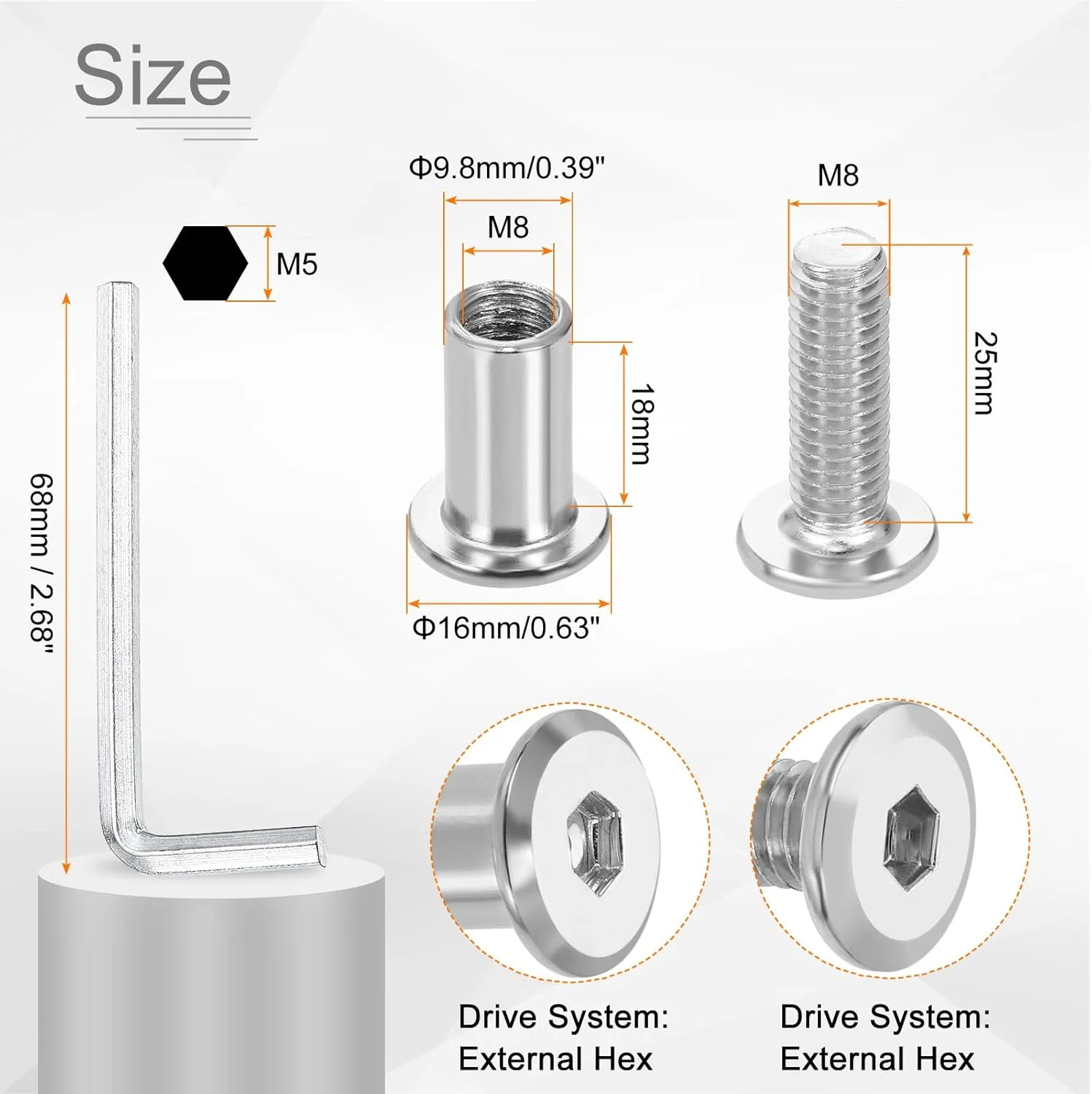 sourcing map 20 ست پیچ آلن M8x25mm و مهره M8x18mm با آچار آلن M5، پیچ و مهره اتصال مبلمان برای تسمه های خزینه دار مبلمان، نقره ای sourcing map 20 ست پیچ آلن M8x25mm و مهره M8x18mm با آچار آلن M5، پیچ و مهره اتصال مبلمان برای تسمه های خزینه دار مبلمان، نقره ای