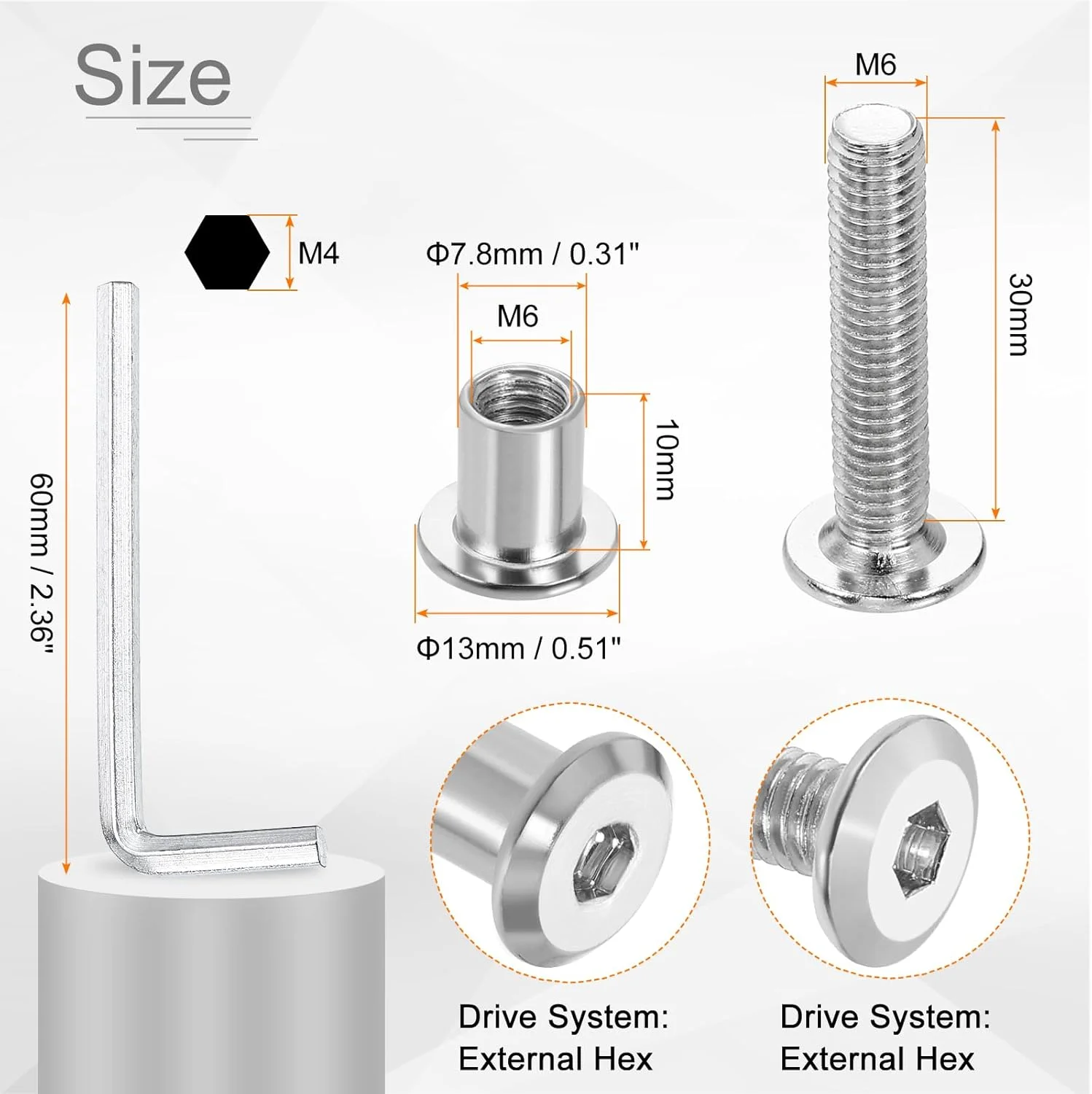 sourcing map 10 ست پیچ و مهره M6x30mm با سر استوانه ای و آچار آلن M4، پیچ و مهره اتصال مبلمان برای تسمه فرورفته مبلمان، نقره ای sourcing map 10 ست پیچ و مهره M6x30mm با سر استوانه ای و آچار آلن M4، پیچ و مهره اتصال مبلمان برای تسمه فرورفته مبلمان، نقره ای
