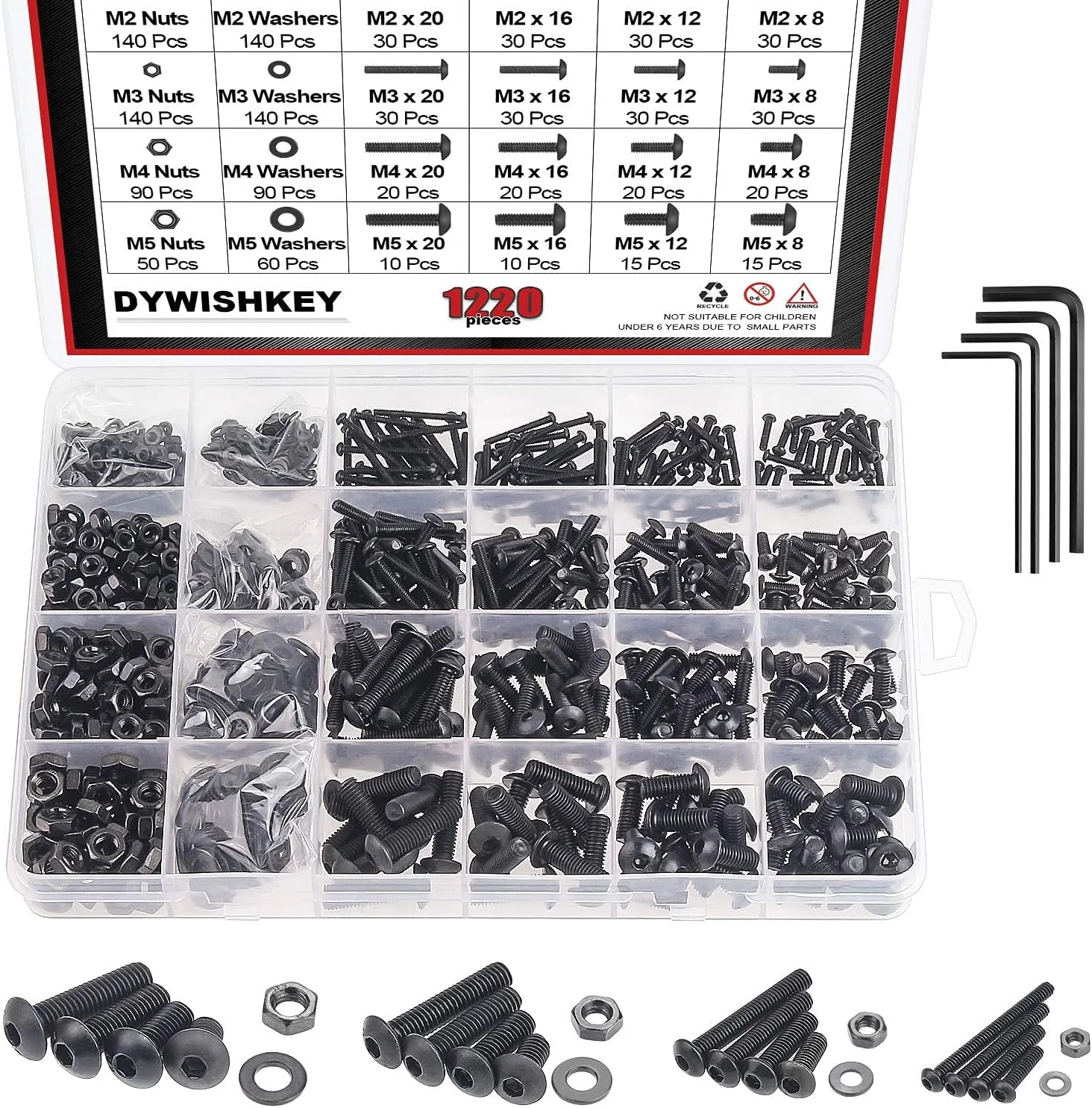 مجموعه 1220 عددی پیچ و مهره و واشر آلیاژ فولادی گرید 10.9 DYWISHKEY با سر دکمه ای شش گوش M2 M3 M4 M5 به همراه آچار آلن مجموعه 1220 عددی پیچ و مهره و واشر آلیاژ فولادی گرید 10.9 DYWISHKEY با سر دکمه ای شش گوش M2 M3 M4 M5 به همراه آچار آلن