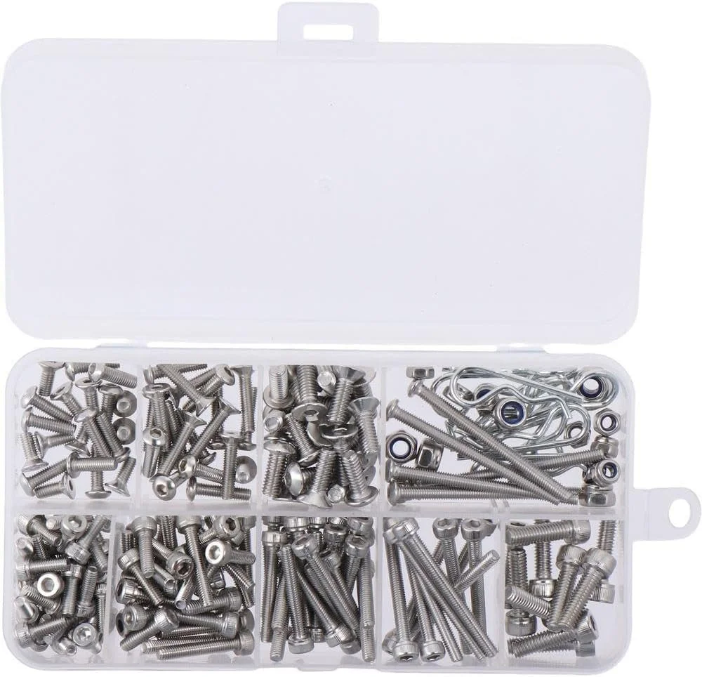 مجموعه پیچ و مهره استیل Upluckey شامل 205 عدد پیچ آلن، مهره و خار فنری M1.6، سایزهای M2.5، M3 و M4، مناسب برای استفاده در فضای باز و داخل ساختمان مجموعه پیچ و مهره استیل Upluckey شامل 205 عدد پیچ آلن، مهره و خار فنری M1.6، سایزهای M2.5، M3 و M4، مناسب برای استفاده در فضای باز و داخل ساختمان