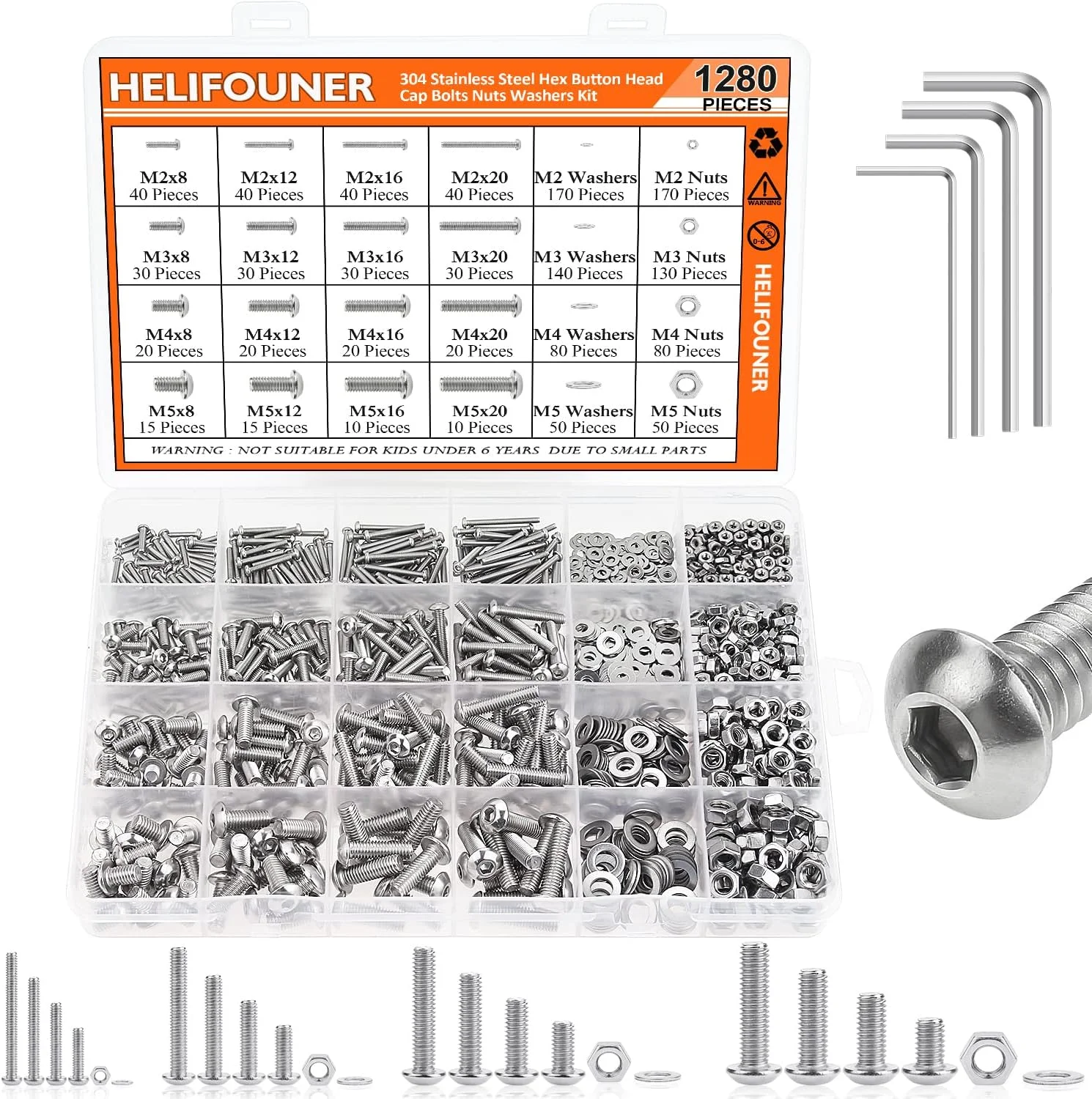 مجموعه 1280 عددی پیچ و مهره استیل ضد زنگ HELIFOUNER M2 M3 M4 M5، پیچ های سر خزینه ای، واشرهای تخت و مهره به همراه آچار آلن