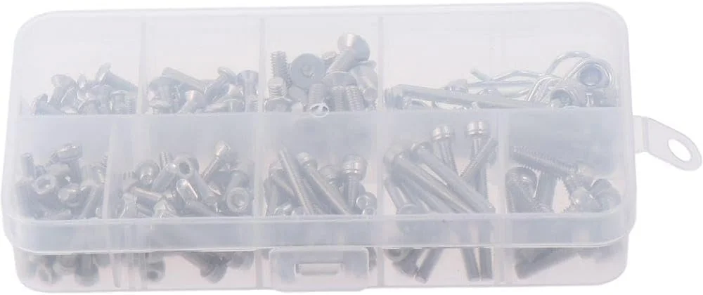 مجموعه پیچ و مهره استیل Upluckey شامل 205 عدد پیچ آلن، مهره و خار فنری M1.6، سایزهای M2.5، M3 و M4، مناسب برای استفاده در فضای باز و داخل ساختمان مجموعه پیچ و مهره استیل Upluckey شامل 205 عدد پیچ آلن، مهره و خار فنری M1.6، سایزهای M2.5، M3 و M4، مناسب برای استفاده در فضای باز و داخل ساختمان