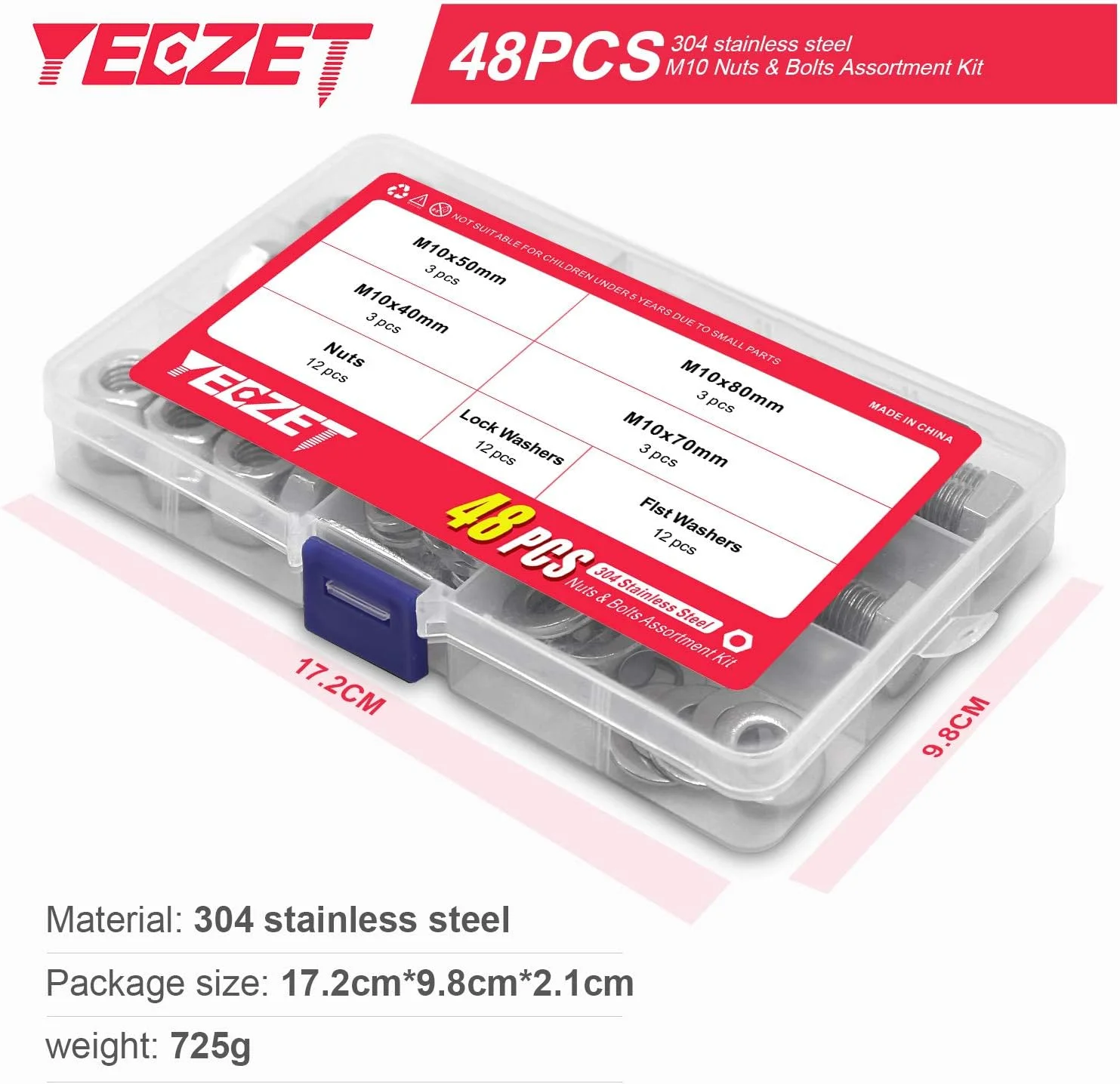 مجموعه 12 عددی پیچ و مهره M10 استیل ضد زنگ YEEZET، پیچ و مهره های سنگین، واشرهای تخت و قفلی، فولاد ضد زنگ 304 18-8، رزوه کاملاً ماشینی، 40 میلی متر، 50 میلی متر، 70 میلی متر، 80 میلی متر