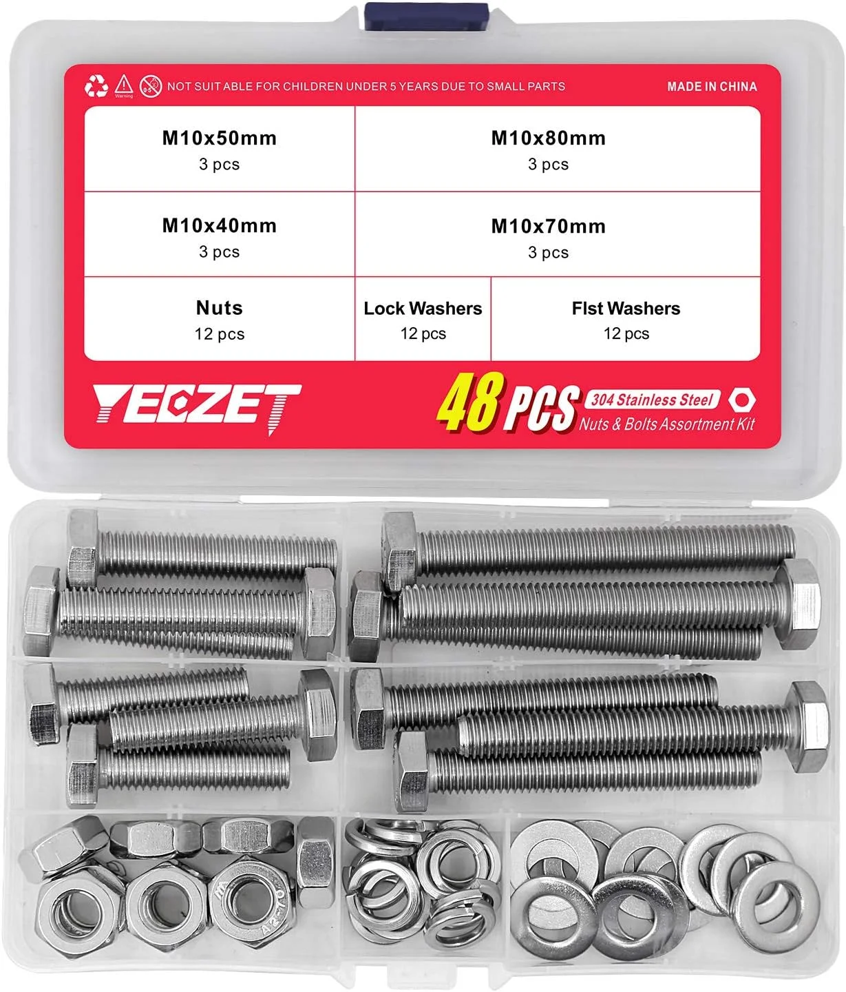 مجموعه 12 عددی پیچ و مهره M10 استیل ضد زنگ YEEZET، پیچ و مهره های سنگین، واشرهای تخت و قفلی، فولاد ضد زنگ 304 18-8، رزوه کاملاً ماشینی، 40 میلی متر، 50 میلی متر، 70 میلی متر، 80 میلی متر