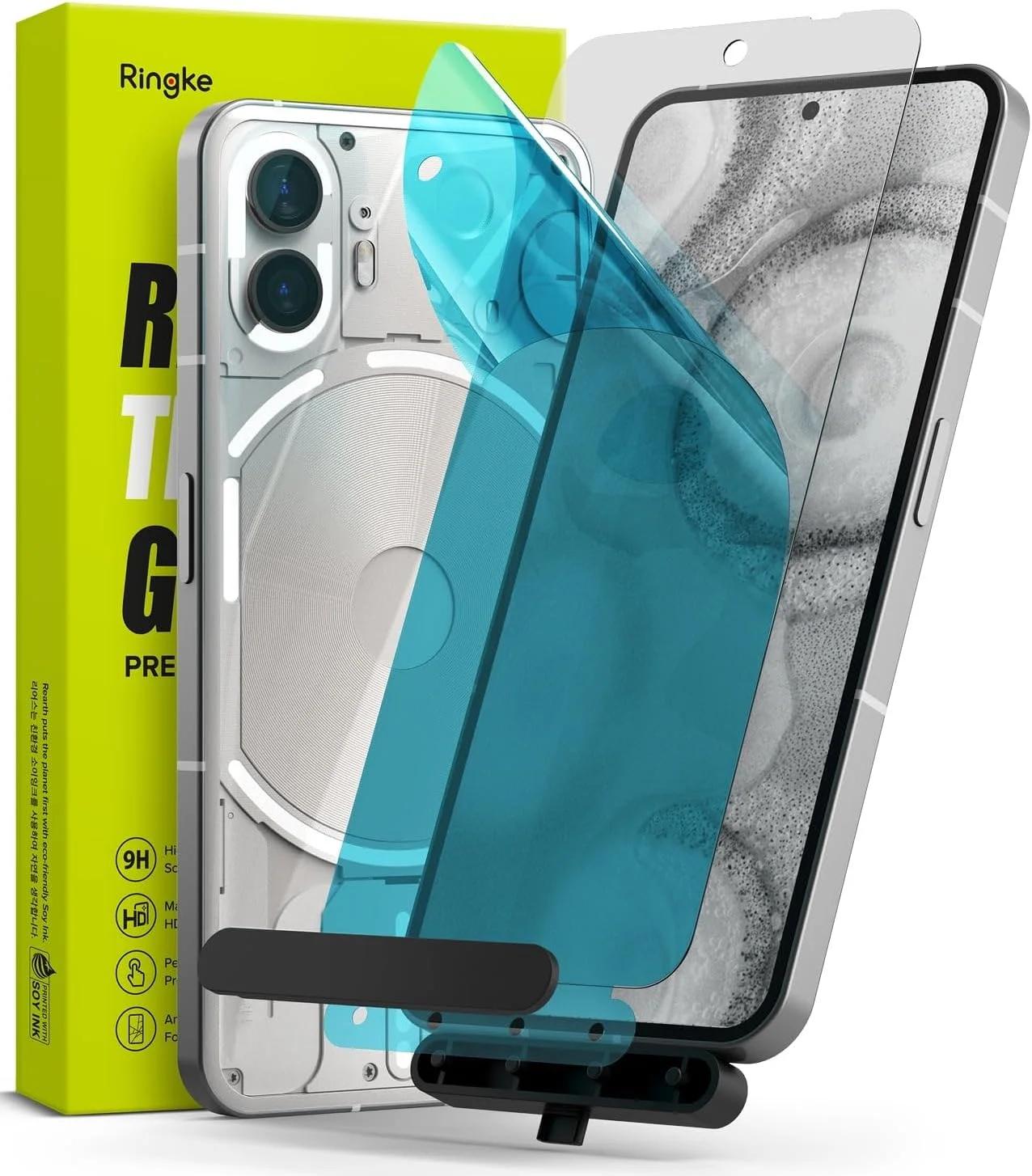 محافظ صفحه نمایش شیشه ای رینگ کی تمام پوشش سازگار با Nothing Phone (2)، شیشه حرارت دیده با سختی 9H ضد ضربه، همراه با کیت نصب - بسته 2 عددی