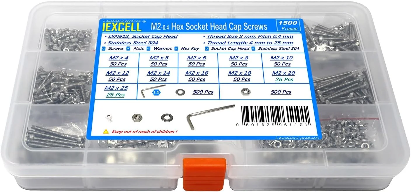 مجموعه پیچ و مهره 1800 عددی iExcell M2-P0.40 x 4/5/6/8/10/12/14/16/18/20/25/30 میلی‌متری استیل ضد زنگ 304 با سر استوانه‌ای شش گوش و واشر
