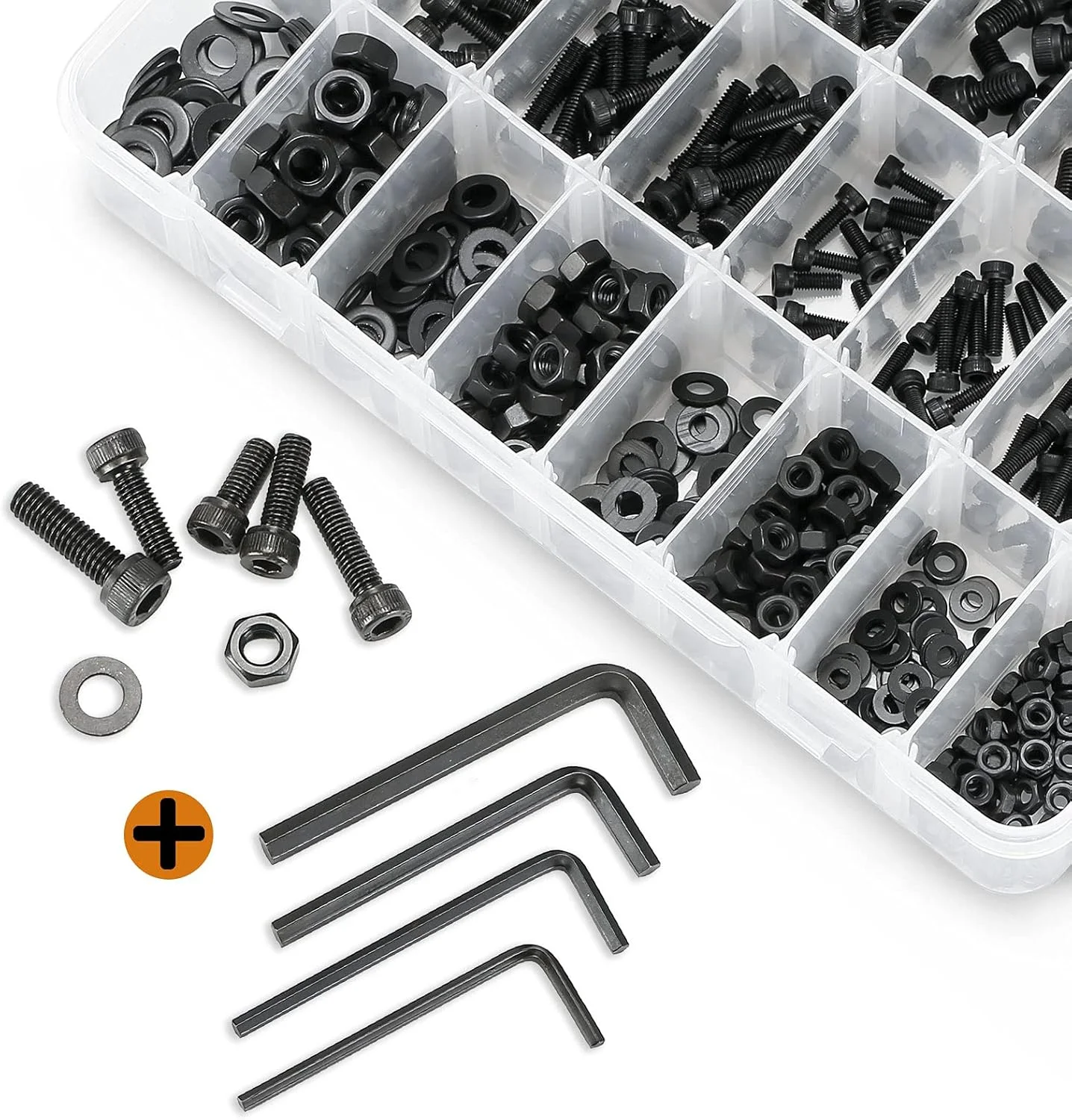 مجموعه 590 عددی پیچ و مهره Gternity، پیچ های متریک M3 M4 M5 M6 به همراه مهره و واشر، فولاد کربنی (سر سوکت مشکی) به همراه آچار