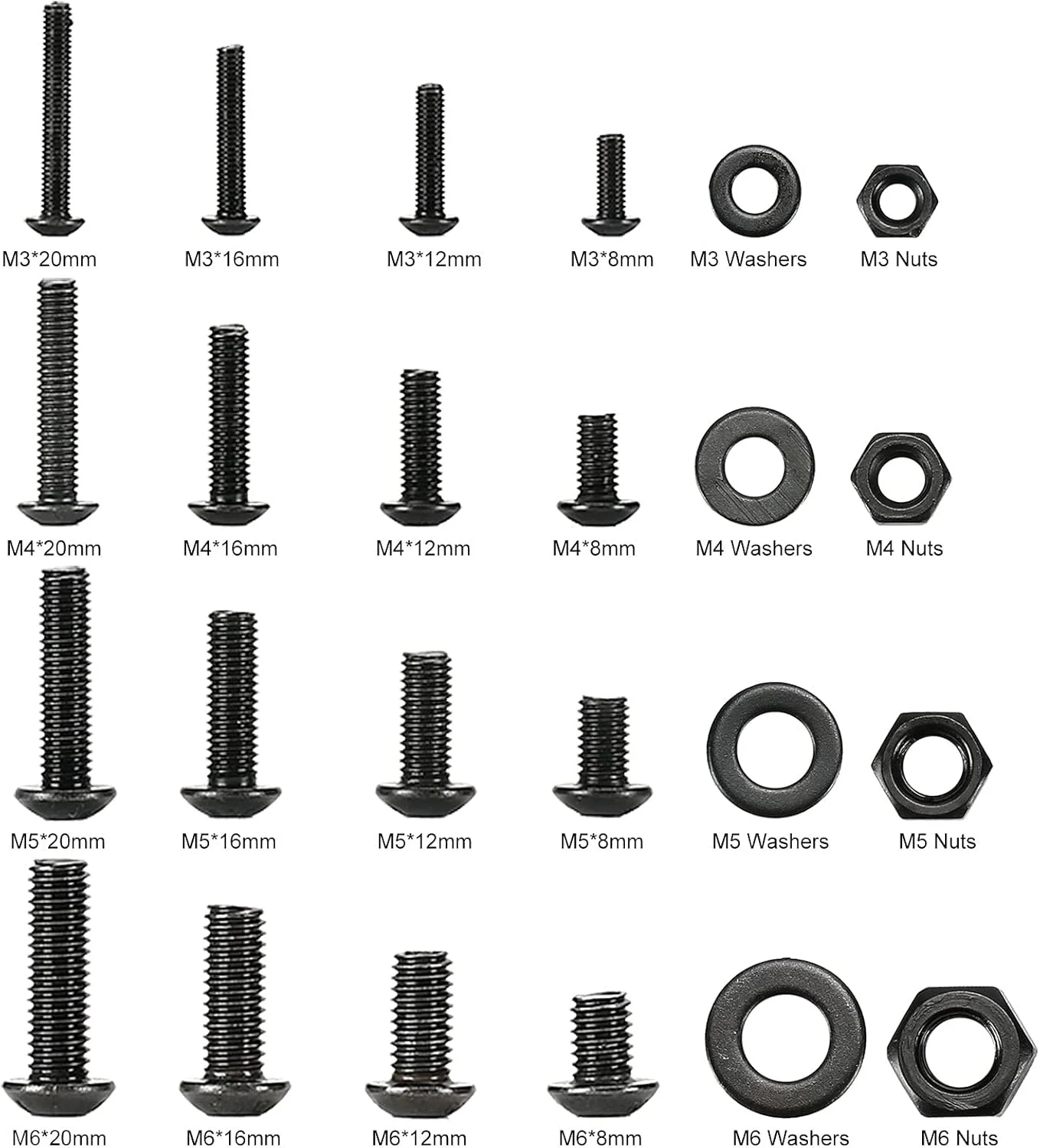 مجموعه 590 عددی پیچ و مهره Gternity، پیچ های متری M3 M4 M5 M6 Gternity به همراه مهره، واشر و آچار، فولاد کربنی (سر دکمه ای مشکی)