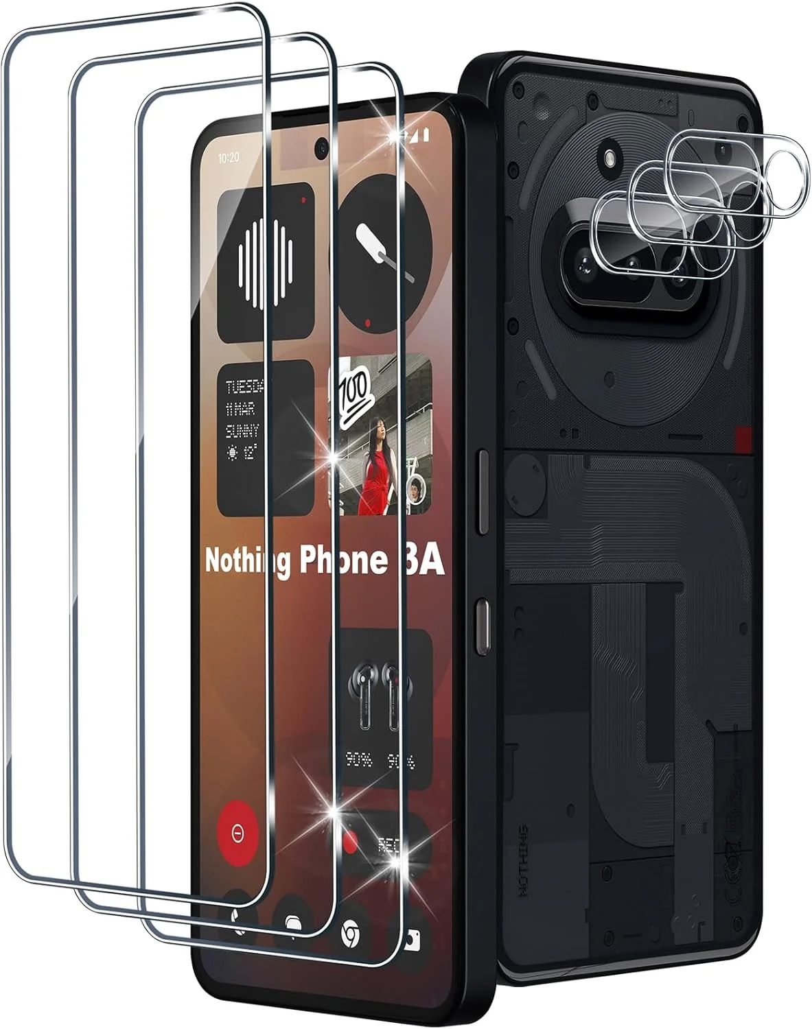 محافظ صفحه نمایش شیشه ای تمپرد Xunzii مناسب برای Nothing Phone 3A، بسته 3 عددی به همراه 3 عدد محافظ لنز دوربین پشتی، سختی 9H، بدون حباب، فیلم شیشه ای تمپرد Ultra HD