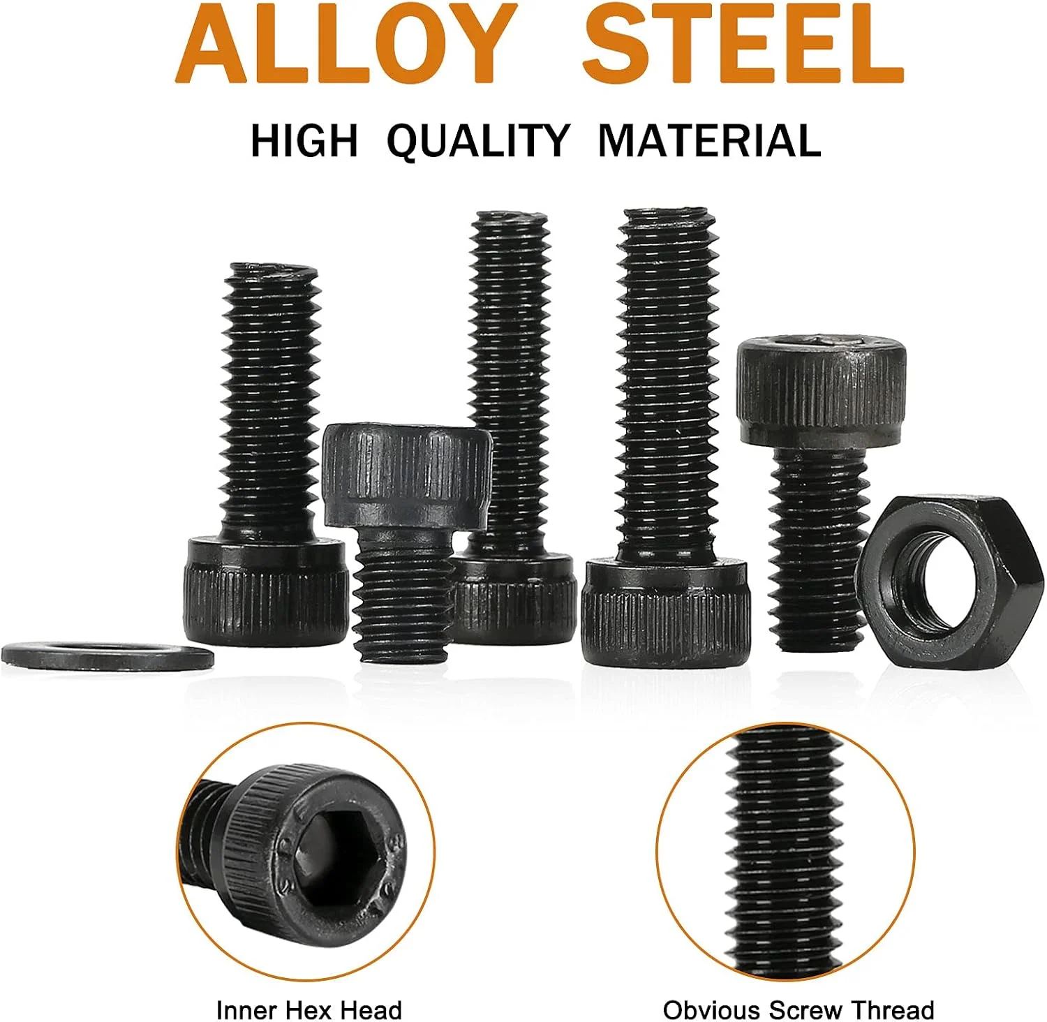 مجموعه 590 عددی پیچ و مهره Gternity، پیچ های متریک M3 M4 M5 M6 به همراه مهره و واشر، فولاد کربنی (سر سوکت مشکی) به همراه آچار