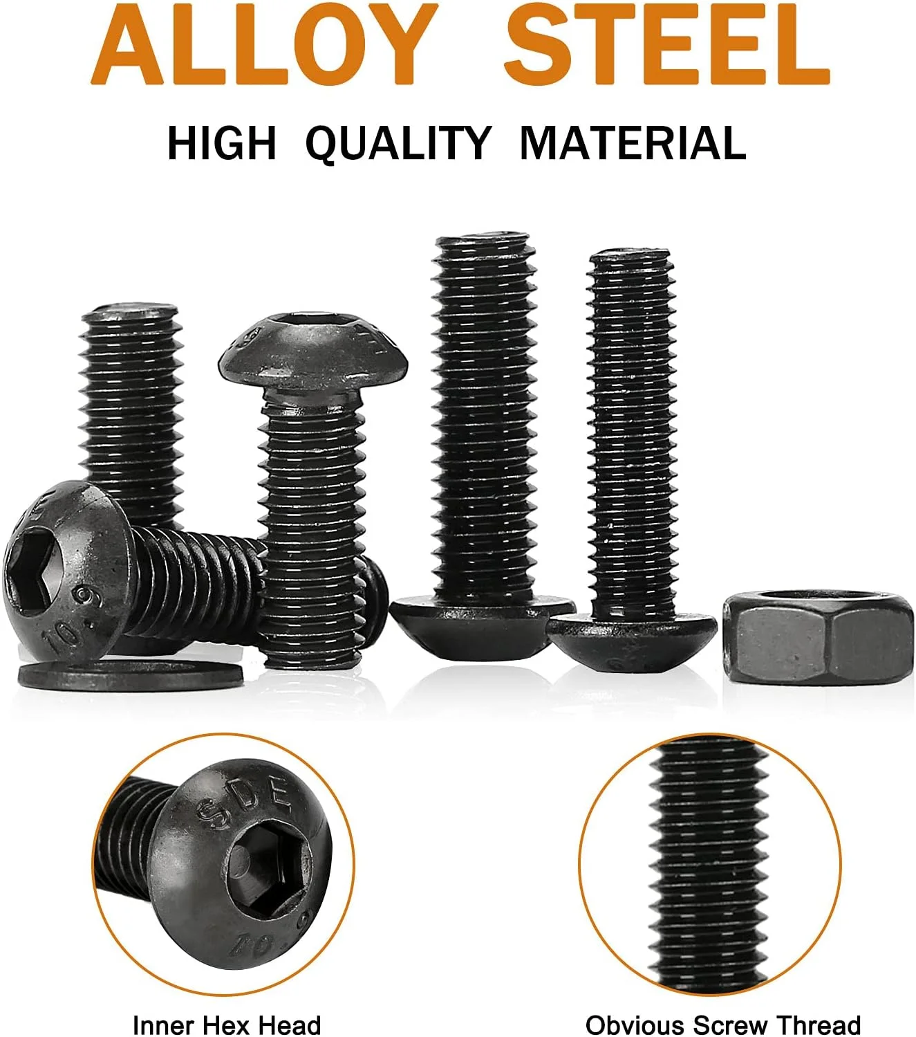 مجموعه 590 عددی پیچ و مهره Gternity، پیچ های متری M3 M4 M5 M6 Gternity به همراه مهره، واشر و آچار، فولاد کربنی (سر دکمه ای مشکی)