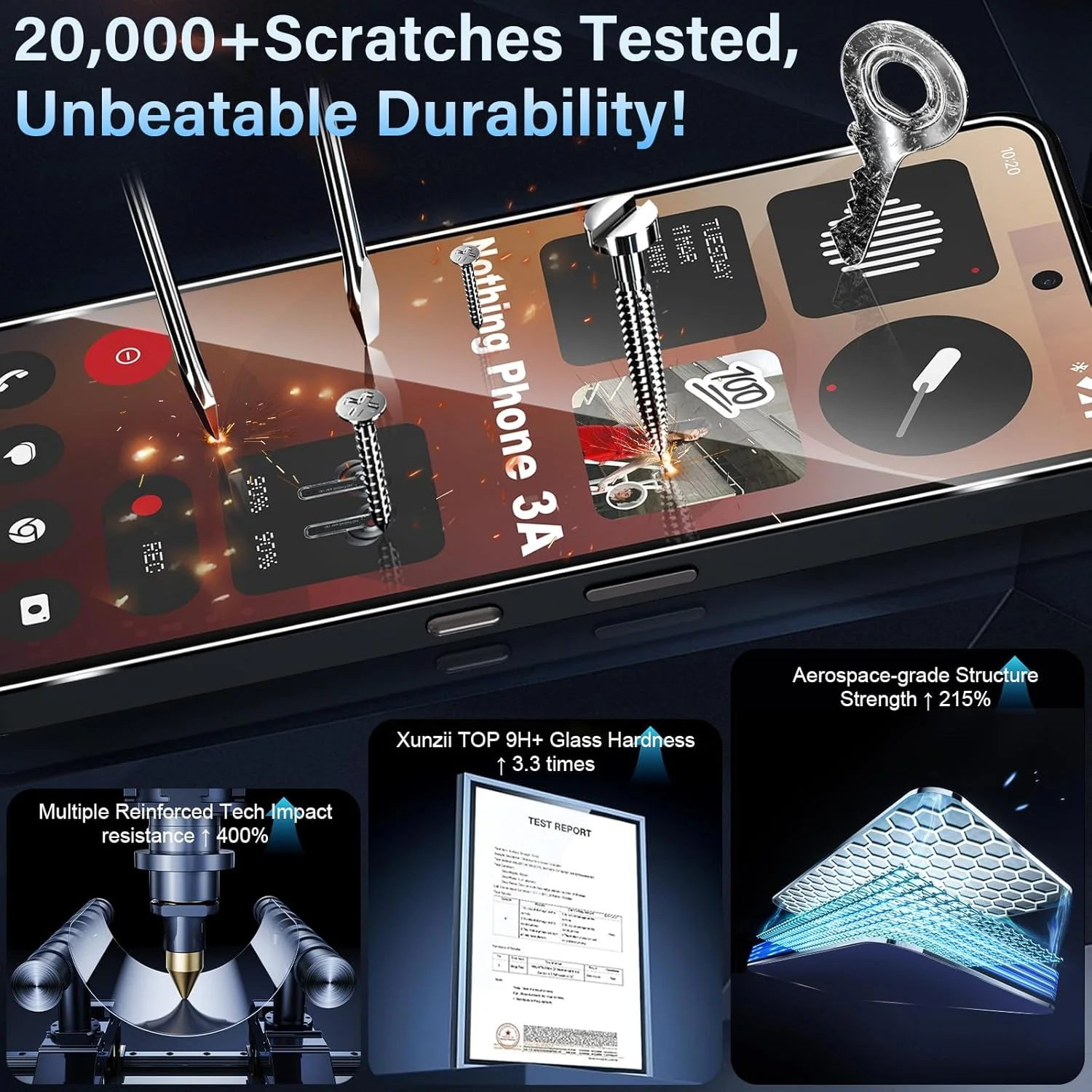 محافظ صفحه نمایش شیشه ای تمپرد Xunzii مناسب برای Nothing Phone 3A، بسته 3 عددی به همراه 3 عدد محافظ لنز دوربین پشتی، سختی 9H، بدون حباب، فیلم شیشه ای تمپرد Ultra HD