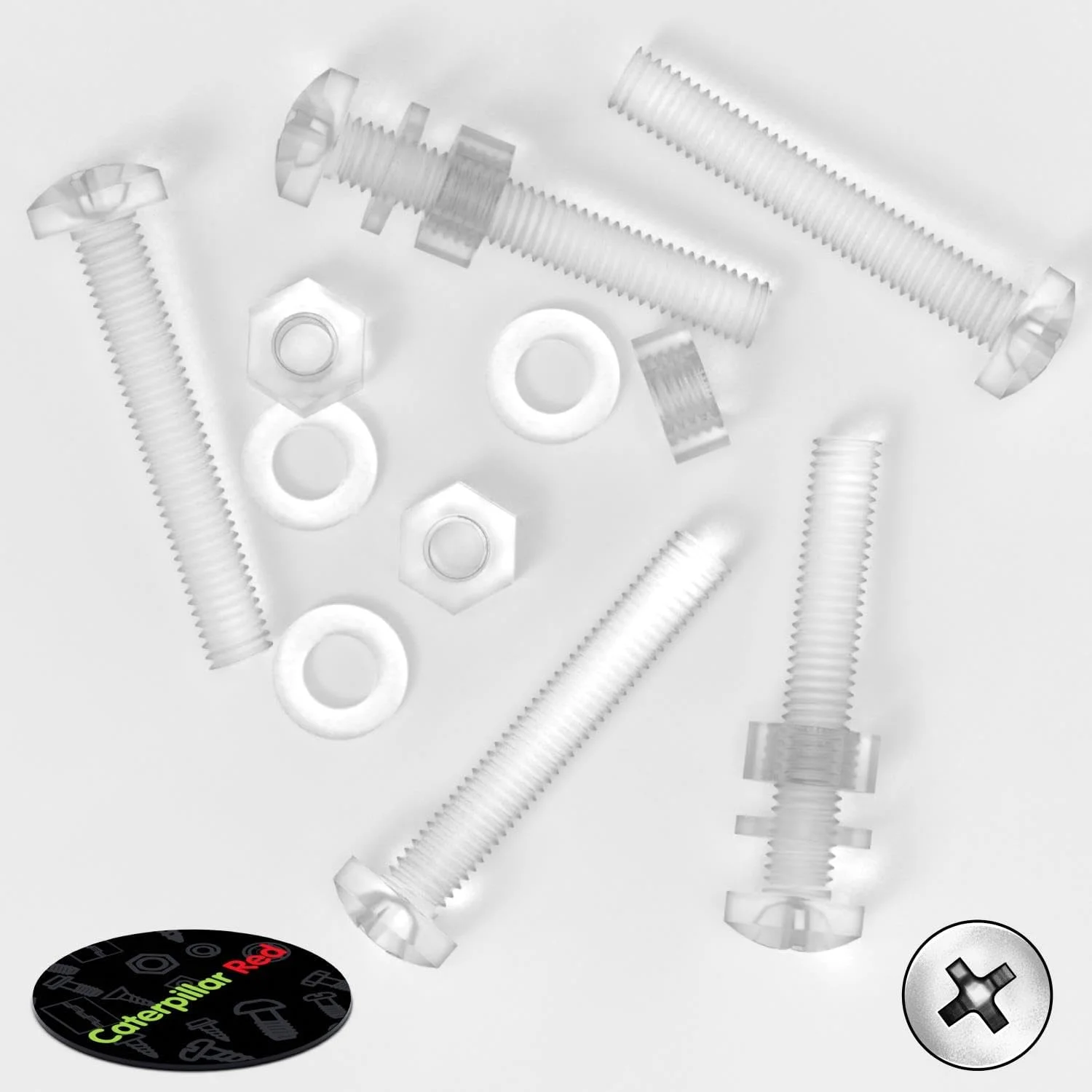 پک 60 عددی پیچ و مهره و واشر پلاستیکی شفاف آکریلیک M6 x 60mm کاترپیلار قرمز