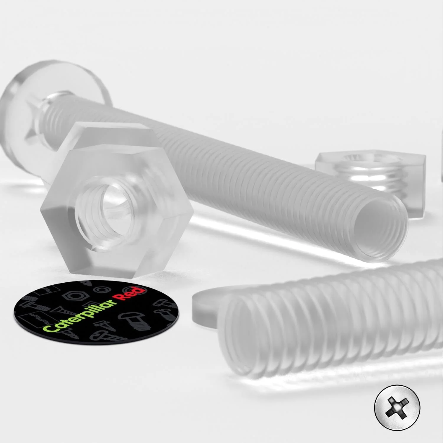 پک 60 عددی پیچ و مهره و واشر پلاستیکی شفاف آکریلیک M6 x 60mm کاترپیلار قرمز