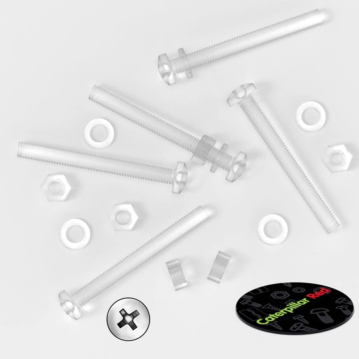 پک 60 عددی پیچ و مهره و واشر پلاستیکی شفاف آکریلیک M6 x 60mm کاترپیلار قرمز