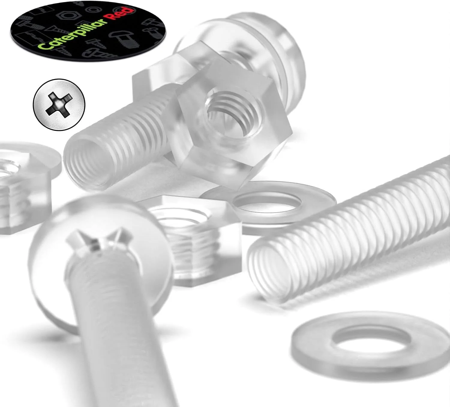 بسته 60 عددی پیچ و مهره و واشر پلاستیکی شفاف اکریلیک M4 x 20mm کاترپیلار - پیچ های پلاستیکی اکریلیک، 5/32 x 25/32