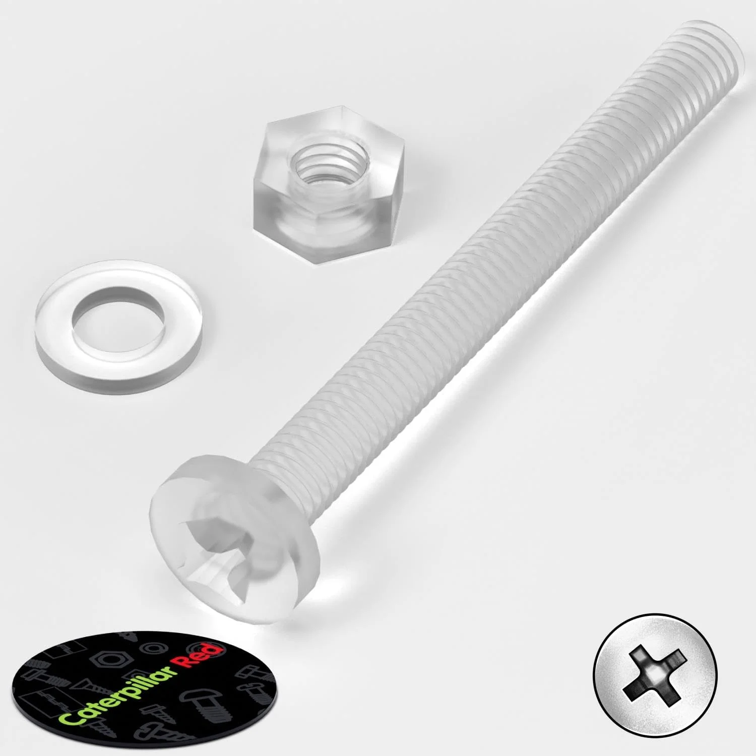 پک 60 عددی پیچ و مهره و واشر پلاستیکی شفاف آکریلیک M6 x 60mm کاترپیلار قرمز