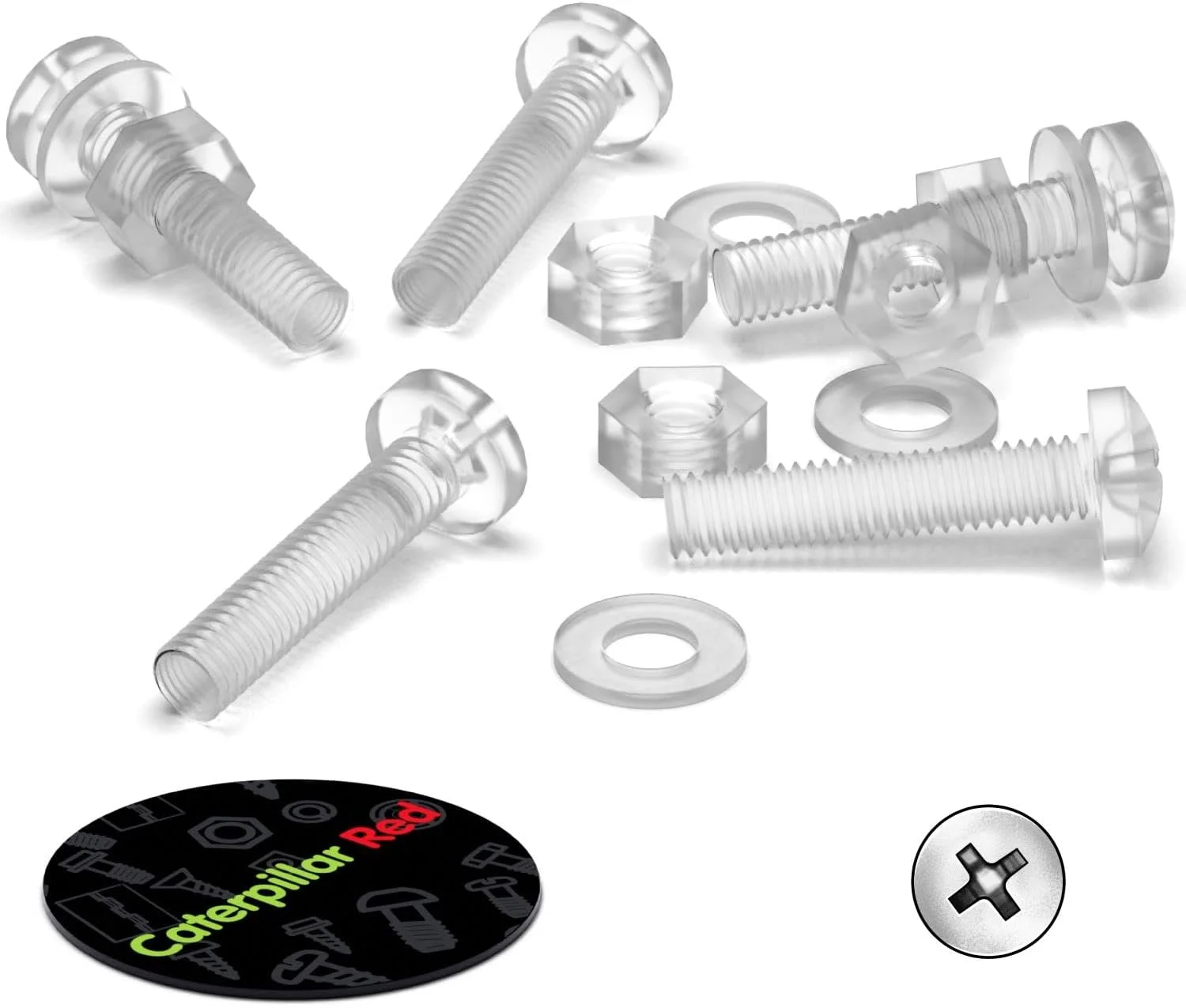 بسته 60 عددی پیچ و مهره و واشر پلاستیکی شفاف اکریلیک M4 x 20mm کاترپیلار - پیچ های پلاستیکی اکریلیک، 5/32 x 25/32