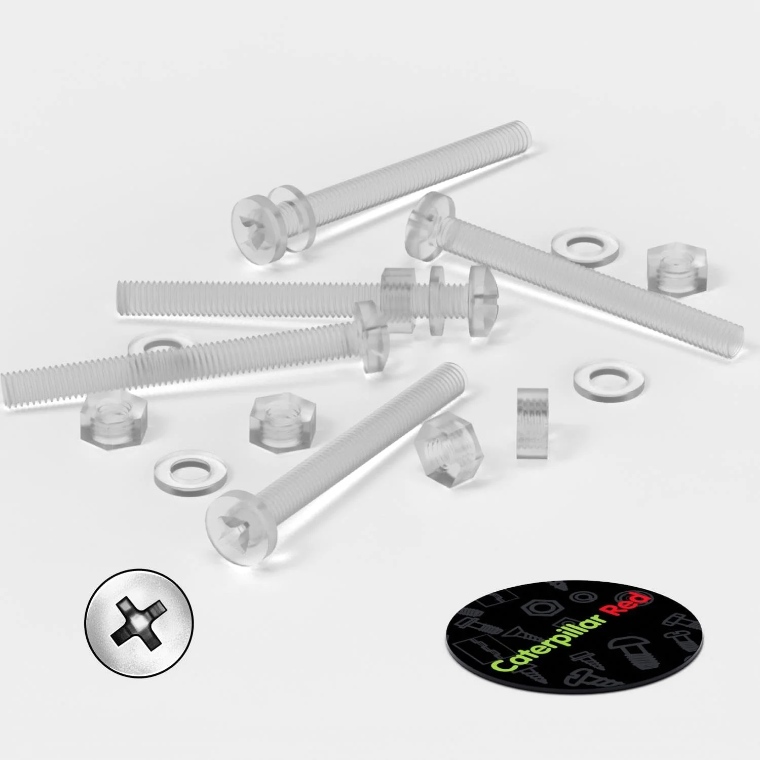 پک 60 عددی پیچ و مهره و واشر پلاستیکی شفاف آکریلیک M6 x 60mm کاترپیلار قرمز