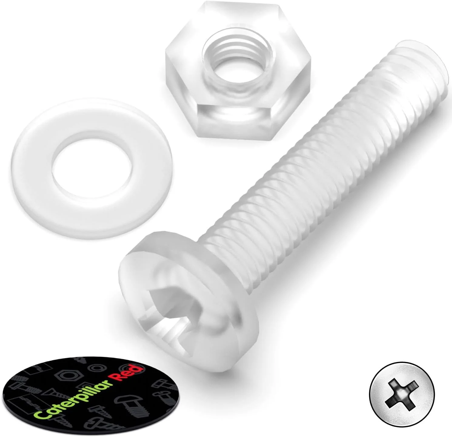 بسته 60 عددی پیچ و مهره و واشر پلاستیکی شفاف اکریلیک M4 x 20mm کاترپیلار - پیچ های پلاستیکی اکریلیک، 5/32 x 25/32