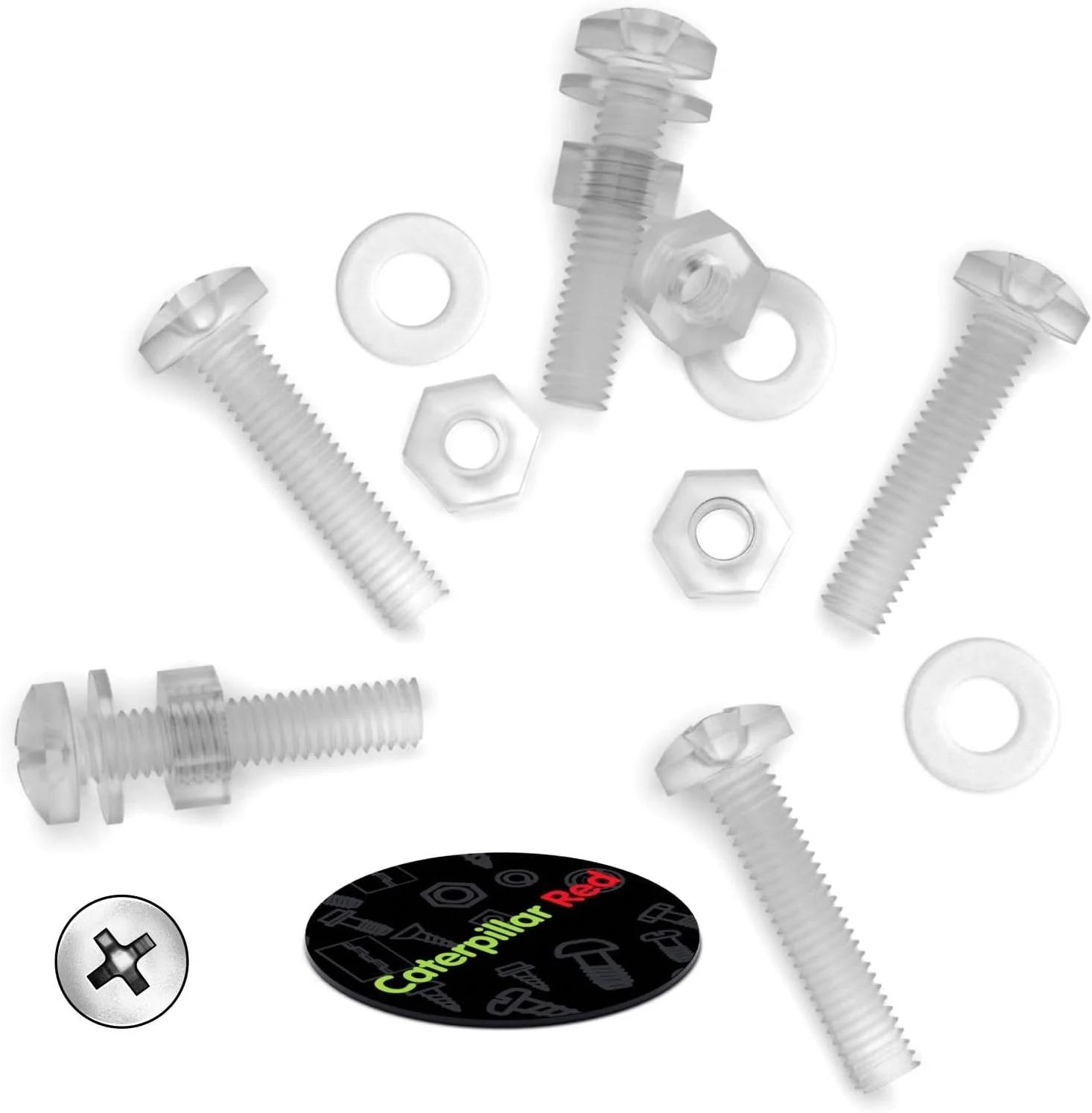 بسته 60 عددی پیچ و مهره و واشر پلاستیکی شفاف اکریلیک M4 x 20mm کاترپیلار - پیچ های پلاستیکی اکریلیک، 5/32 x 25/32