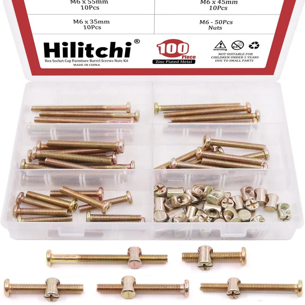 Hilitchi مجموعه 100 عددی پیچ و مهره استوانه ای مبلمان با سر سوکت شش گوش روکش روی M6 در اندازه های 35/45/55/65/75 میلی متر، مناسب برای تخت نوزاد، تخت خواب، گهواره و صندلی