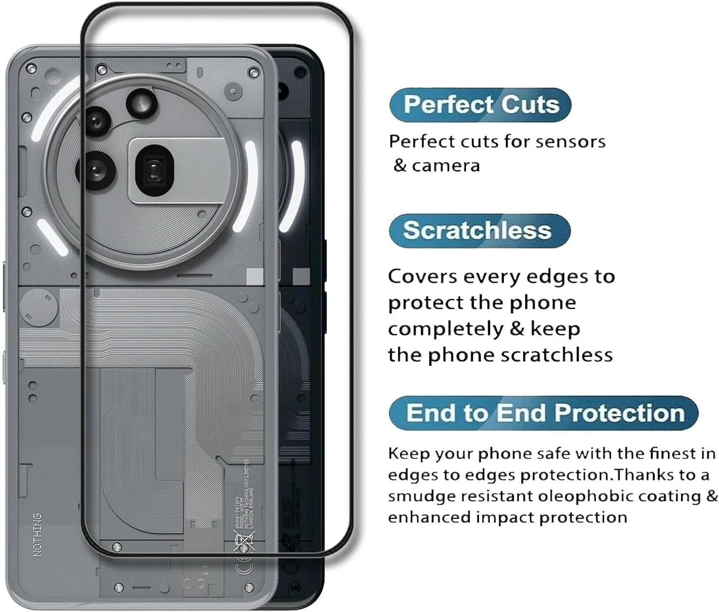 محافظ صفحه نمایش شیشه ای حرارت دیده با سختی 9H، مقاوم در برابر اثر انگشت و خراش برای Nothing Phone 3A Pro