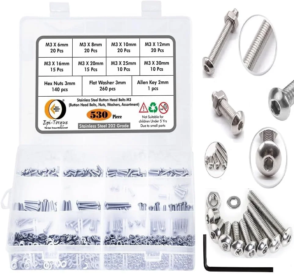 Epi-Torque; مجموعه پیچ آلن M3 استیل ضد زنگ گرید 202 با سر دکمه ای به همراه مهره، واشر و آچار آلن، بسته 530 عددی Epi-Torque; مجموعه پیچ آلن M3 استیل ضد زنگ گرید 202 با سر دکمه ای به همراه مهره، واشر و آچار آلن، بسته 530 عددی