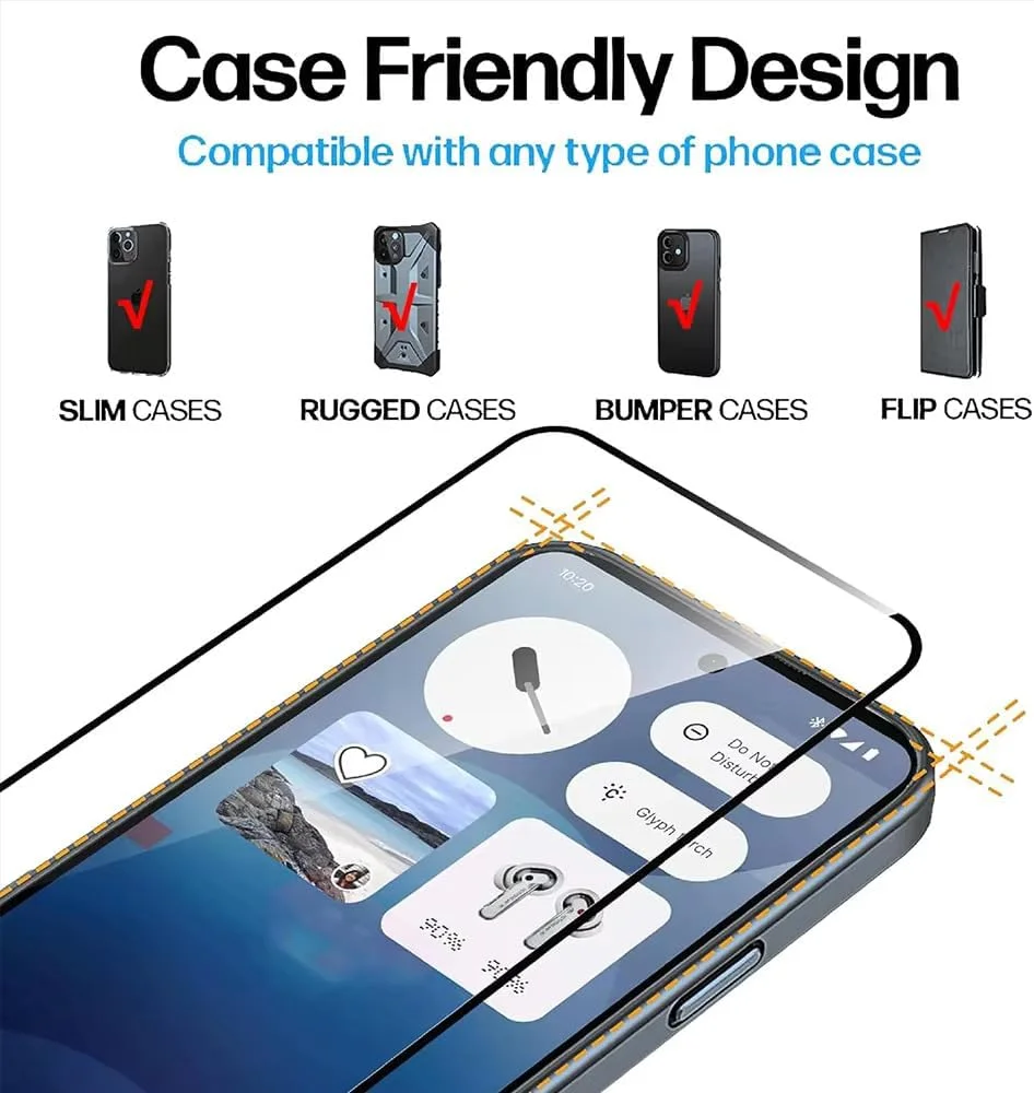 محافظ صفحه نمایش ناتینگ فون 3a، چسب کامل، بدون حباب، ضد خش، ضد اثر انگشت، شیشه حرارت دیده لبه منحنی 3D با سختی 9H برای ناتینگ فون 3a مدل 2025 شیشه مشکی 5D (1 عدد)