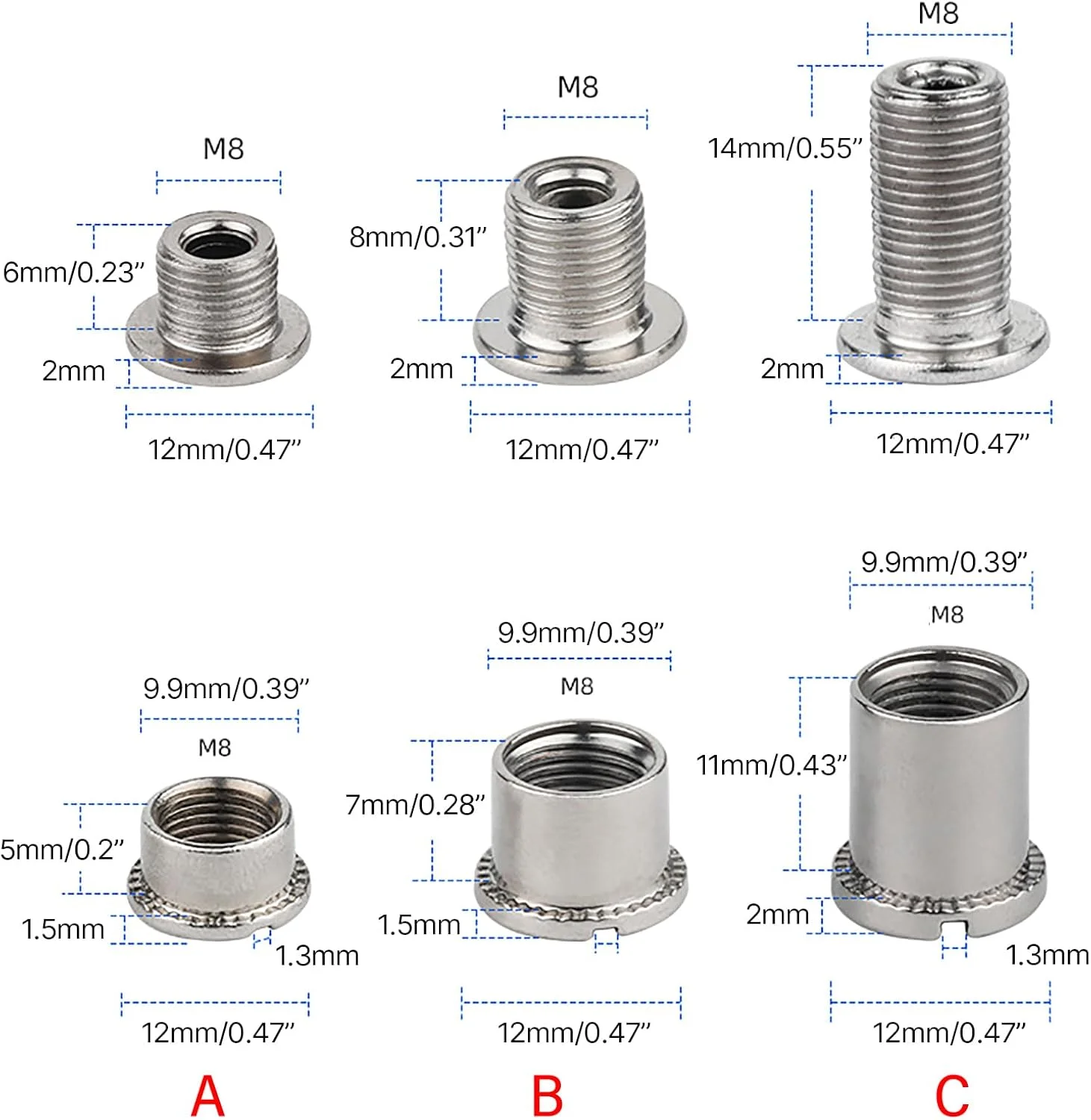 پیچ های دنده 8 اینچی دوچرخه برای تک، دوتایی و سه تایی زنجیر چرخ دوچرخه، پیچ و مهره ثابت کننده میل لنگ دوچرخه، قطعات دوچرخه، پیچ و مهره زنجیر چرخ تکی، دوتایی و سه تایی