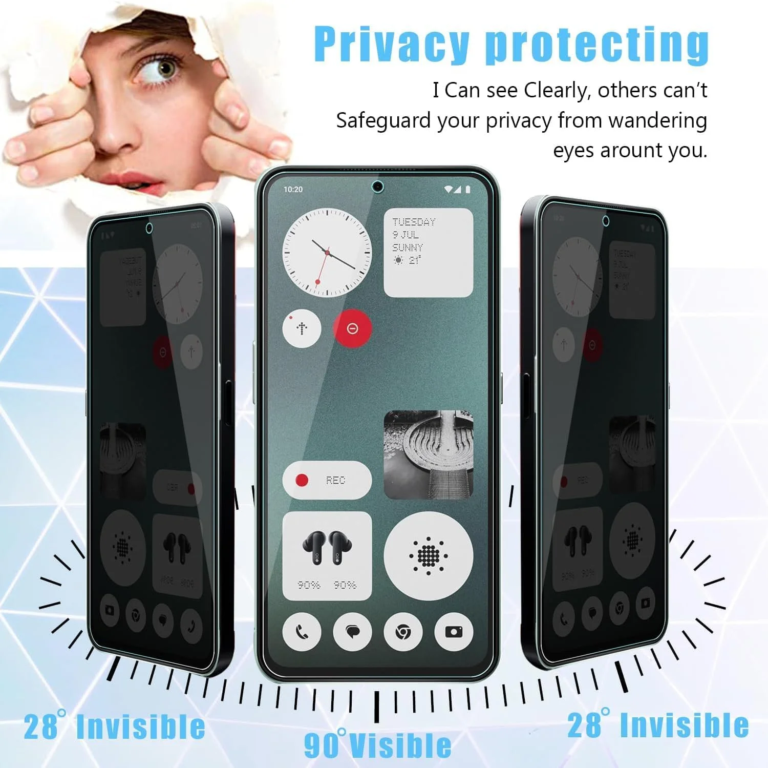 محافظ صفحه نمایش حریم خصوصی شیشه ای حرارت دیده Zuooiec [بسته 2 عددی] برای تلفن Nothing CMF Phone 1، محافظت آسان برای نصب با اثر انگشت، فوق العاده شفاف، حساسیت لمسی، ضد جاسوسی