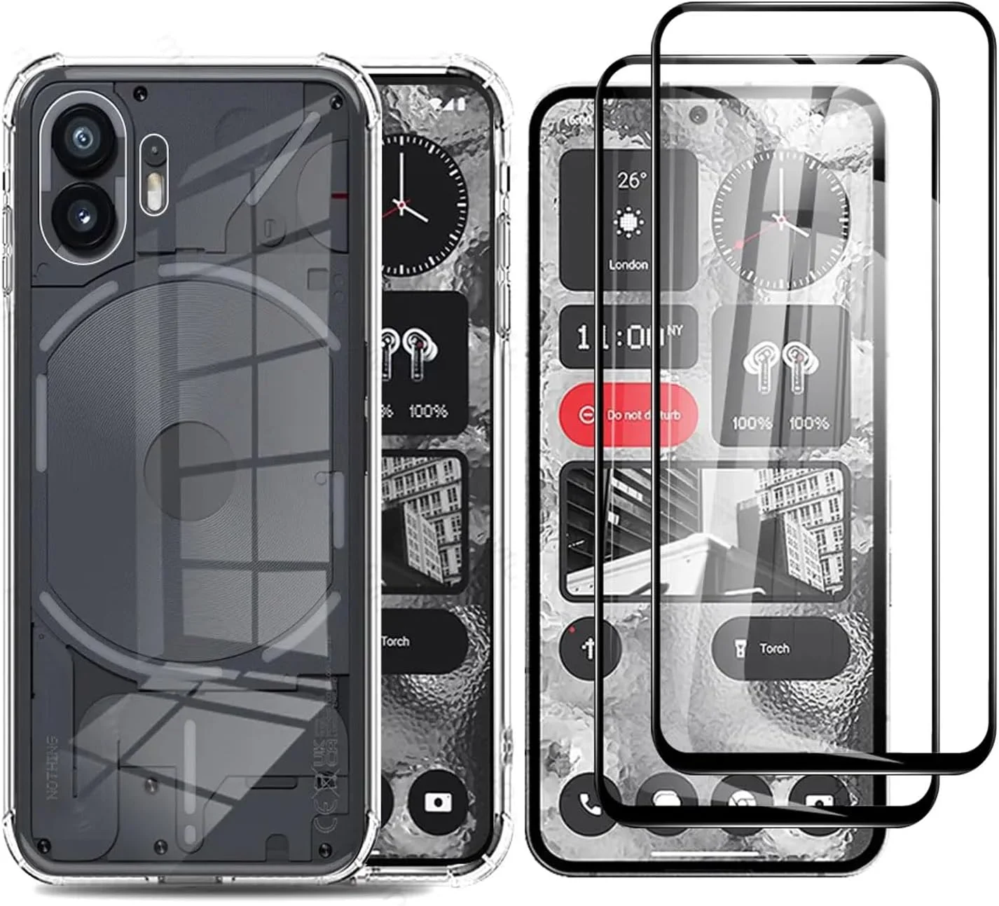 محافظ صفحه نمایش شیشه ای حرارت دیده و قاب گوشی شفاف لوکیون سازگار با ناتینگ فون 2 ([بسته 1+2])