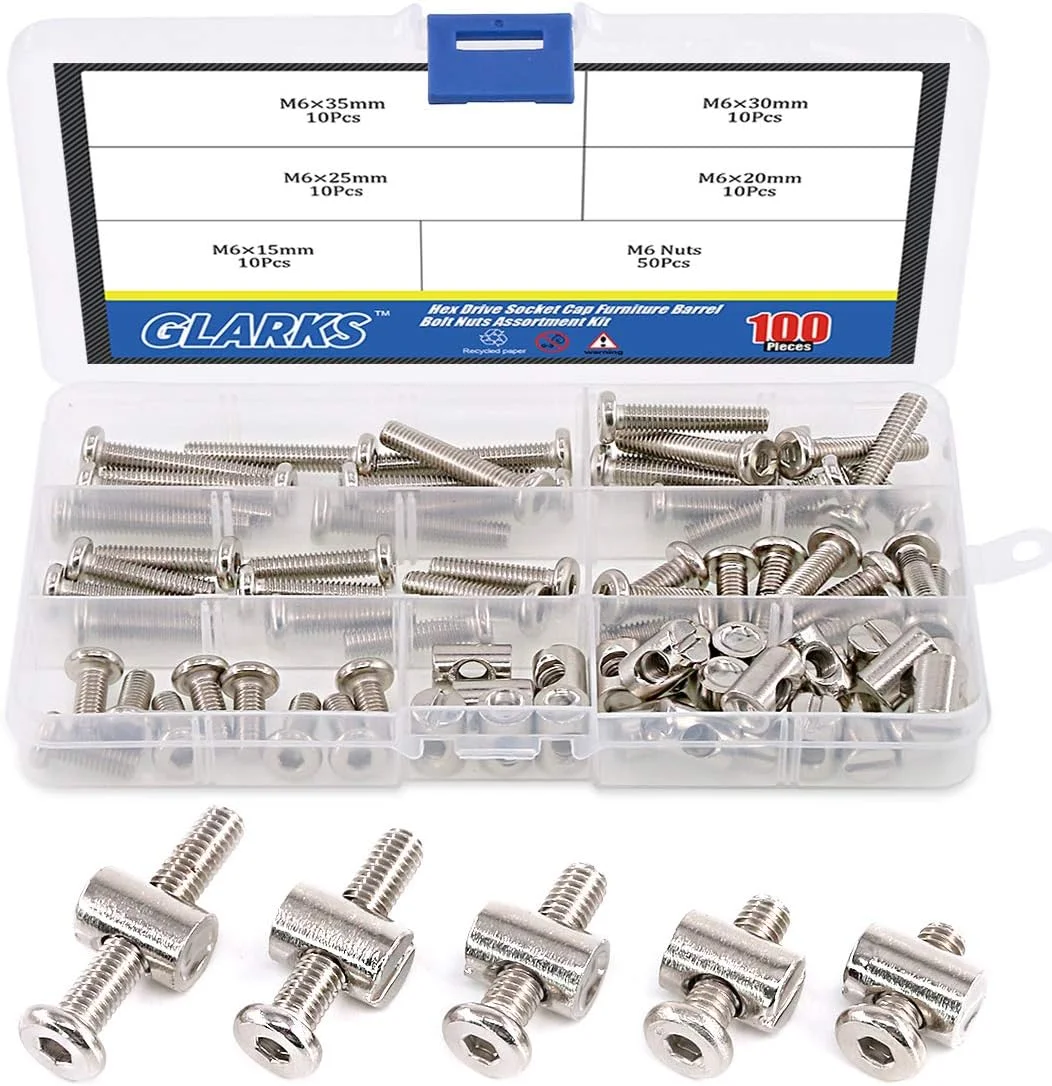 مجموعه پیچ و مهره استوانه ای مبلمان Glarks شامل 100 عدد پیچ M6 در اندازه های 15/20/25/30/35 میلی متر با سر سوکت شش گوش و مهره بشکه ای مناسب برای مبلمان، تخت نوزاد، تخت خواب کودک، صندلی - روکش نیکل مجموعه پیچ و مهره استوانه ای مبلمان Glarks شامل 100 عدد پیچ M6 در اندازه های 15/20/25/30/35 میلی متر با سر سوکت شش گوش و مهره بشکه ای مناسب برای مبلمان، تخت نوزاد، تخت خواب کودک، صندلی - روکش نیکل