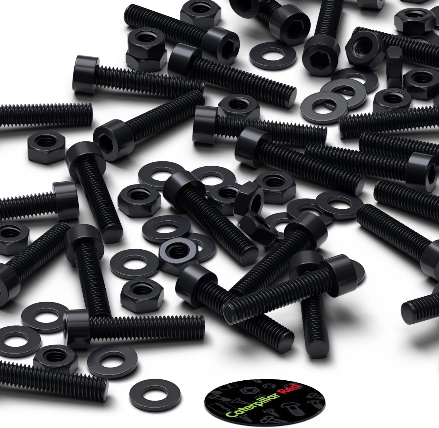 پیچ های پلاستیکی سر استوانه ای کاترپیلار قرمز 50 عددی با سر مشکی نایلونی، پیچ های ماشینی پلاستیکی، M4 x 20mm، پیچ و مهره و واشر پلاستیکی، 5/32" x 25/32