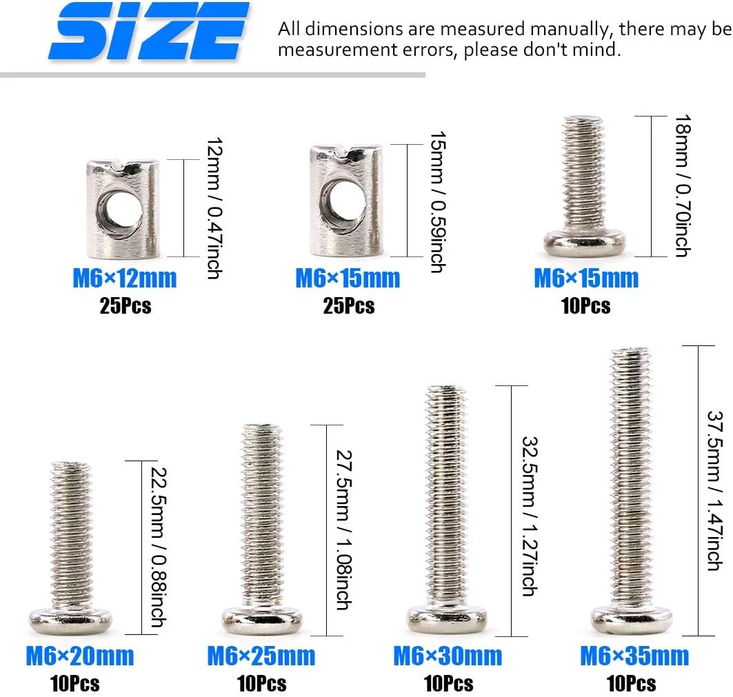 مجموعه پیچ و مهره استوانه ای مبلمان Glarks شامل 100 عدد پیچ M6 در اندازه های 15/20/25/30/35 میلی متر با سر سوکت شش گوش و مهره بشکه ای مناسب برای مبلمان، تخت نوزاد، تخت خواب کودک، صندلی - روکش نیکل مجموعه پیچ و مهره استوانه ای مبلمان Glarks شامل 100 عدد پیچ M6 در اندازه های 15/20/25/30/35 میلی متر با سر سوکت شش گوش و مهره بشکه ای مناسب برای مبلمان، تخت نوزاد، تخت خواب کودک، صندلی - روکش نیکل