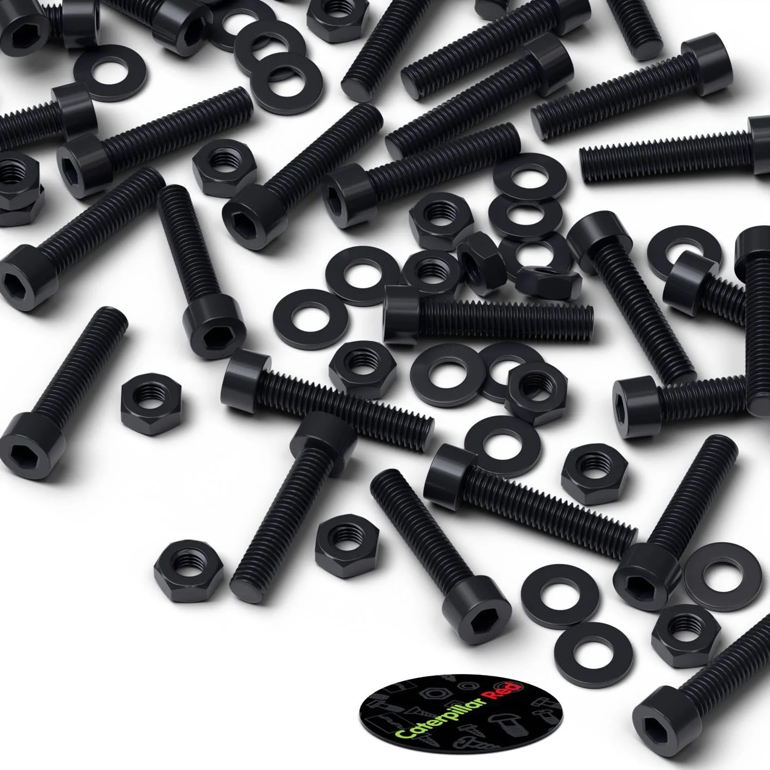 پیچ های پلاستیکی سر استوانه ای کاترپیلار قرمز 50 عددی با سر مشکی نایلونی، پیچ های ماشینی پلاستیکی، M4 x 20mm، پیچ و مهره و واشر پلاستیکی، 5/32" x 25/32