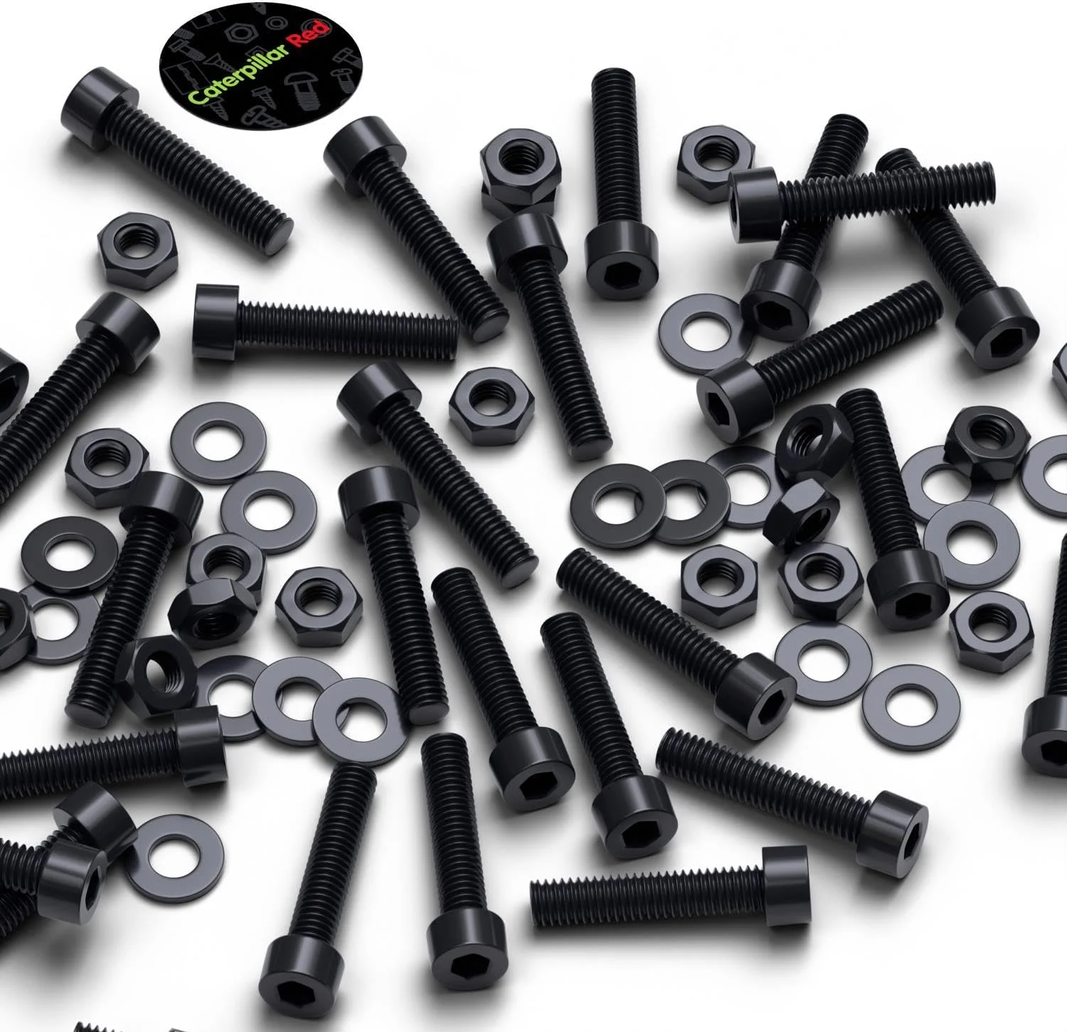 پیچ های پلاستیکی سر استوانه ای کاترپیلار قرمز 50 عددی با سر مشکی نایلونی، پیچ های ماشینی پلاستیکی، M4 x 20mm، پیچ و مهره و واشر پلاستیکی، 5/32" x 25/32