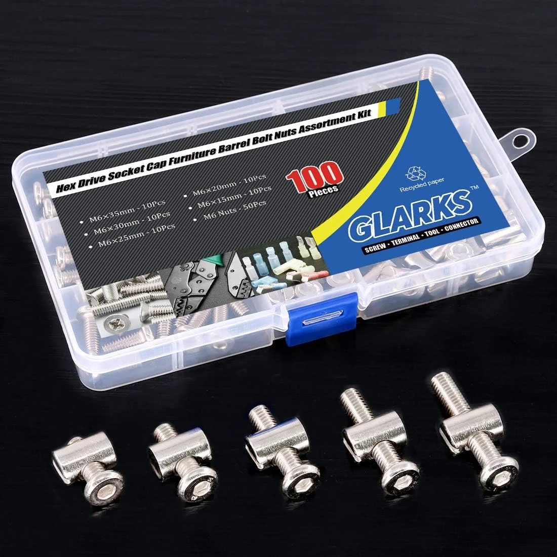 مجموعه پیچ و مهره استوانه ای مبلمان Glarks شامل 100 عدد پیچ M6 در اندازه های 15/20/25/30/35 میلی متر با سر سوکت شش گوش و مهره بشکه ای مناسب برای مبلمان، تخت نوزاد، تخت خواب کودک، صندلی - روکش نیکل مجموعه پیچ و مهره استوانه ای مبلمان Glarks شامل 100 عدد پیچ M6 در اندازه های 15/20/25/30/35 میلی متر با سر سوکت شش گوش و مهره بشکه ای مناسب برای مبلمان، تخت نوزاد، تخت خواب کودک، صندلی - روکش نیکل