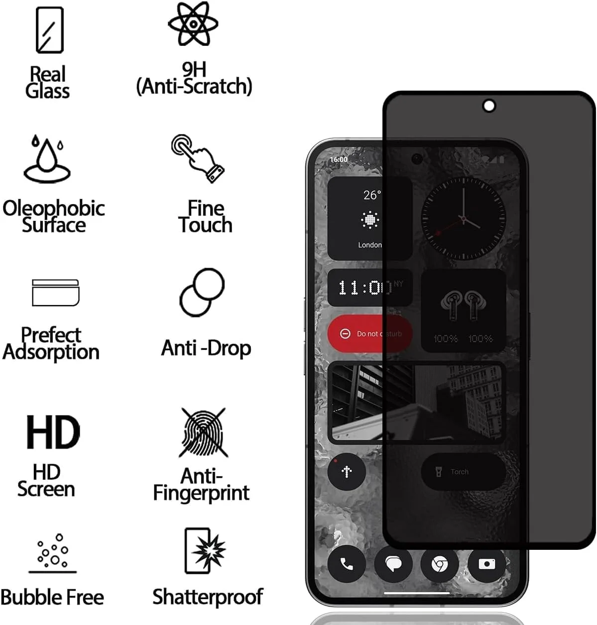 محافظ صفحه نمایش حریم خصوصی Muzz برای Nothing Phone 2 [بسته 2 عددی]، فیلم شیشه ای حرارت دیده ضد جاسوسی، سختی 9H، ضد خش، ضد اثر انگشت، بدون حباب، محافظ صفحه نمایش ضد جاسوسی برای Nothing Phone (2)