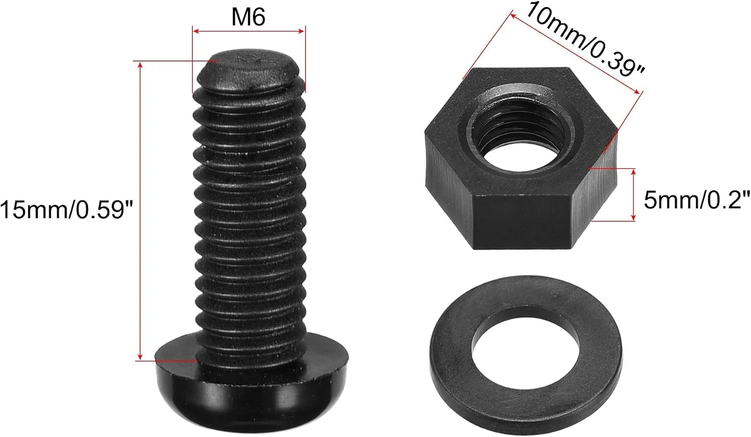 مجموعه پیچ و مهره نایلونی sourcing map، پیچ و مهره سر گرد M6x15mm با واشرهای تخت مشکی 20 ست مجموعه پیچ و مهره نایلونی sourcing map، پیچ و مهره سر گرد M6x15mm با واشرهای تخت مشکی 20 ست