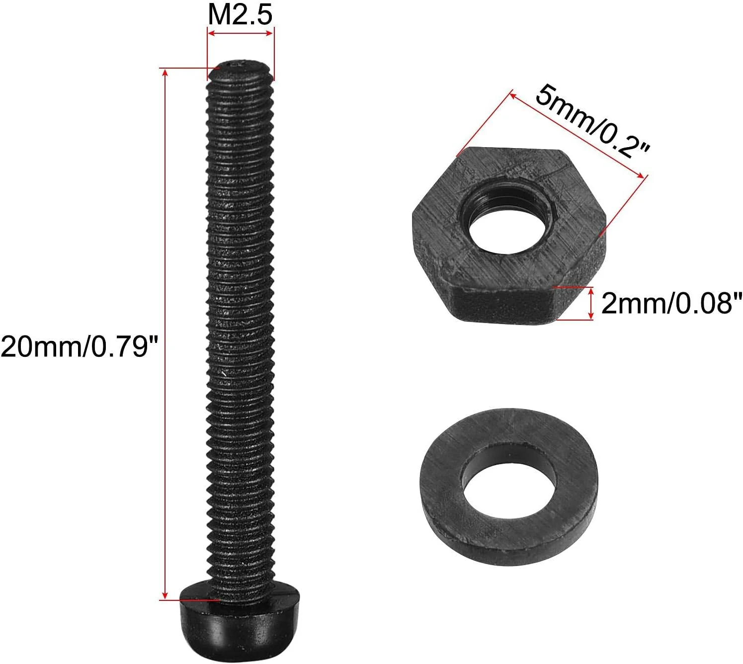 مجموعه پیچ، مهره و واشر نایلونی sourcing map، پیچ و مهره سر گرد M2.5x20mm با واشرهای تخت مشکی، 50 عدد مجموعه پیچ، مهره و واشر نایلونی sourcing map، پیچ و مهره سر گرد M2.5x20mm با واشرهای تخت مشکی، 50 عدد