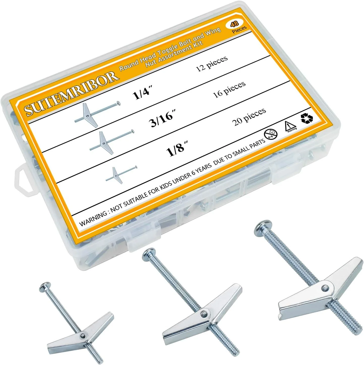 پیچ و مهره پروانه ای Sutemribor در سایزهای 1/8 اینچ، 3/16 اینچ و 1/4 اینچ، مناسب برای آویزان کردن اجسام سنگین از دیوار خشک، 48 عدد پیچ و مهره پروانه ای Sutemribor در سایزهای 1/8 اینچ، 3/16 اینچ و 1/4 اینچ، مناسب برای آویزان کردن اجسام سنگین از دیوار خشک، 48 عدد