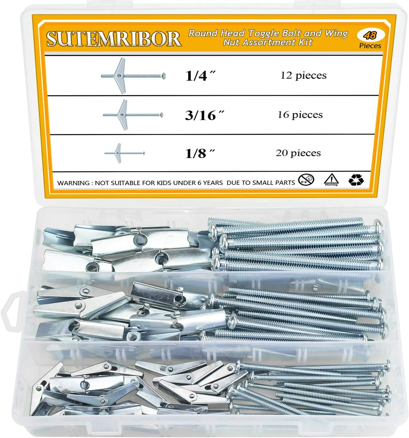پیچ و مهره پروانه ای Sutemribor در سایزهای 1/8 اینچ، 3/16 اینچ و 1/4 اینچ، مناسب برای آویزان کردن اجسام سنگین از دیوار خشک، 48 عدد پیچ و مهره پروانه ای Sutemribor در سایزهای 1/8 اینچ، 3/16 اینچ و 1/4 اینچ، مناسب برای آویزان کردن اجسام سنگین از دیوار خشک، 48 عدد