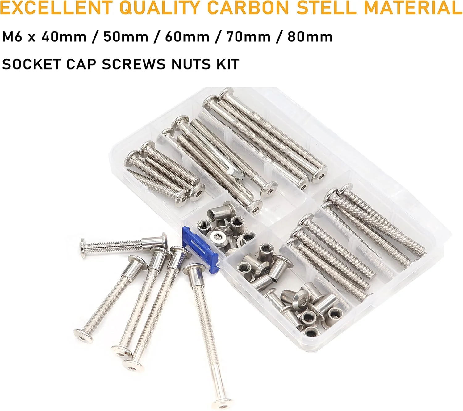 مجموعه 50 عددی پیچ و مهره استوانه ای با سر شش گوش binifiMux، پیچ های اتصال مبلمان، پیچ های پرچ، مهره های استوانه ای، پیچ های خزینه ای M6x40mm 50mm 60mm 70mm 80mm با روکش نیکل